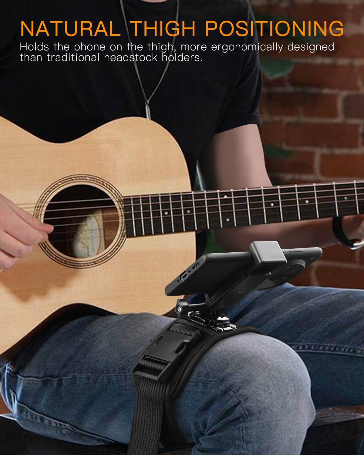 JISHAHS Guitar Phone Holder Mount - Phone Strap for Guitar Players - Natural Thigh Positioning - Adjustable Angle - Compatible w