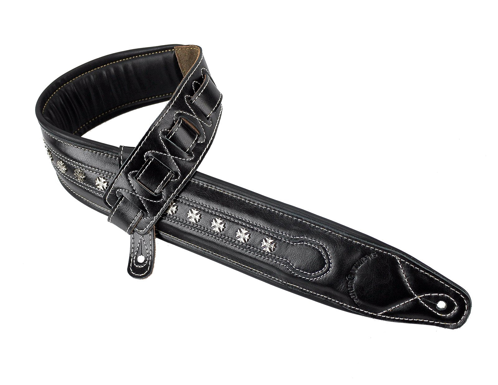 Walker & Williams C-35-BLK Smooth Texture Premium Black Full Grain Leather Soft Padded Guitar Strap with Metal Crosses For Acous