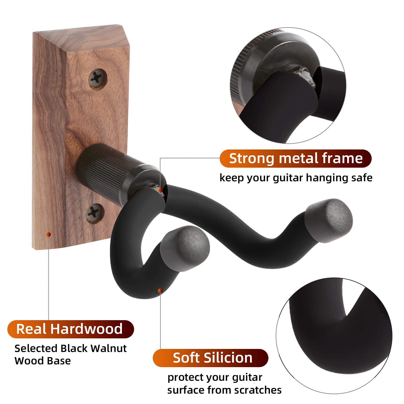 Guitar Wall Mount, Guitar Hangers hooks Bracket Holders for Acoustic and Electric Guitars Bass Banjo Mandolin, Black Walnut Wood