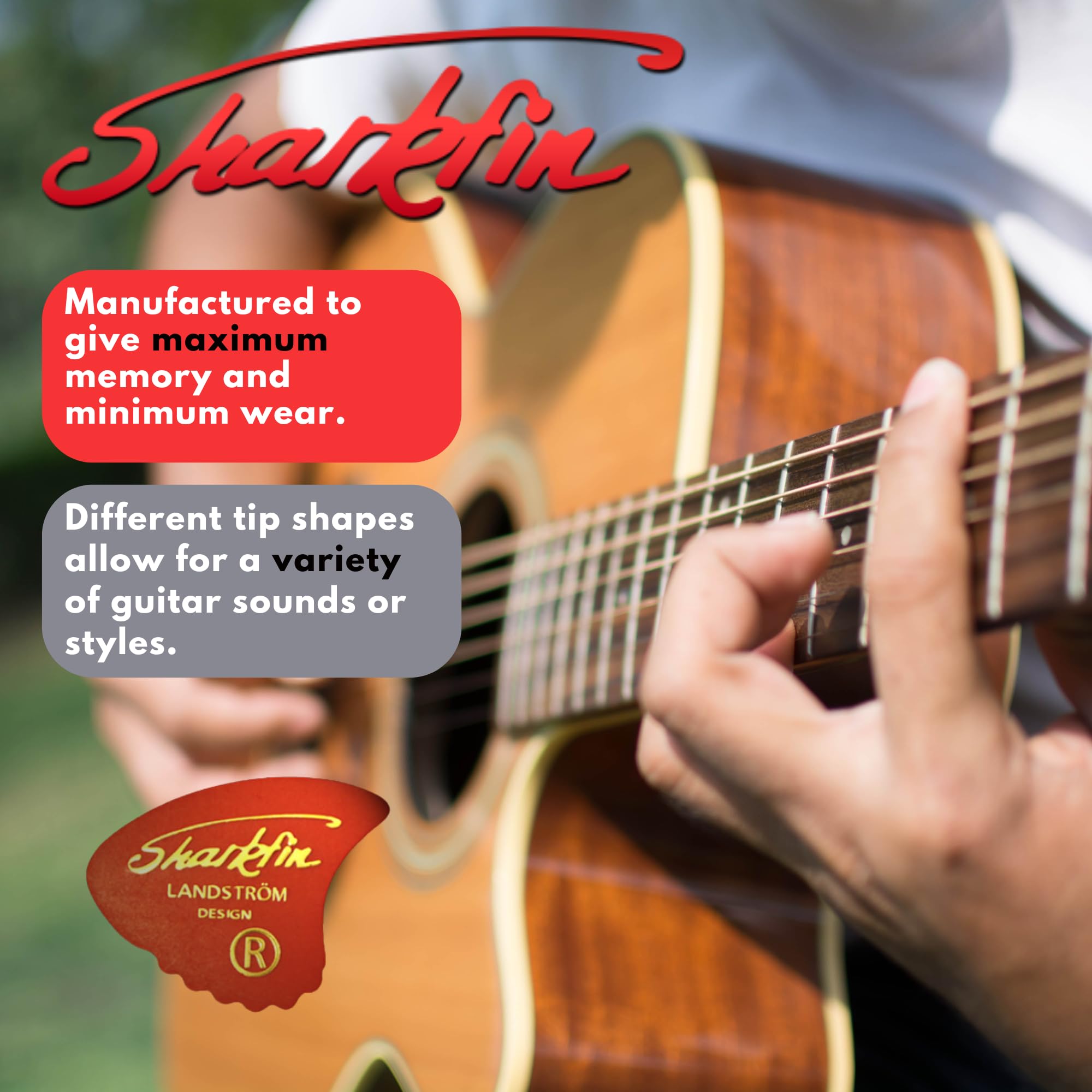 The original legendary Landstrom design from Sweden Sharkfin guitar picks 10 Pack Red Goldprint Soft