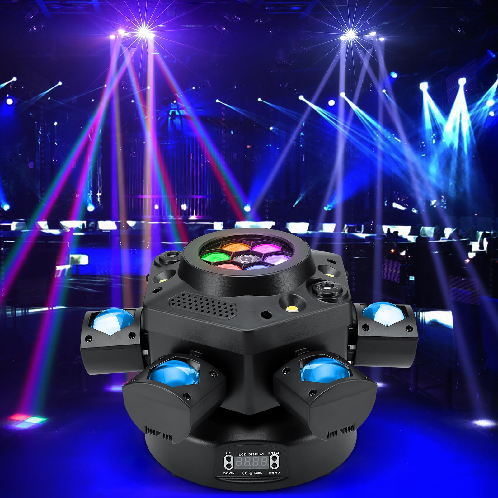 Moving Head DJ Light, 150W RGBW Party Light Remote DMX512 Control Sound Activated 6 Arms Stage Effect for DJ Stage Party Bar Dis
