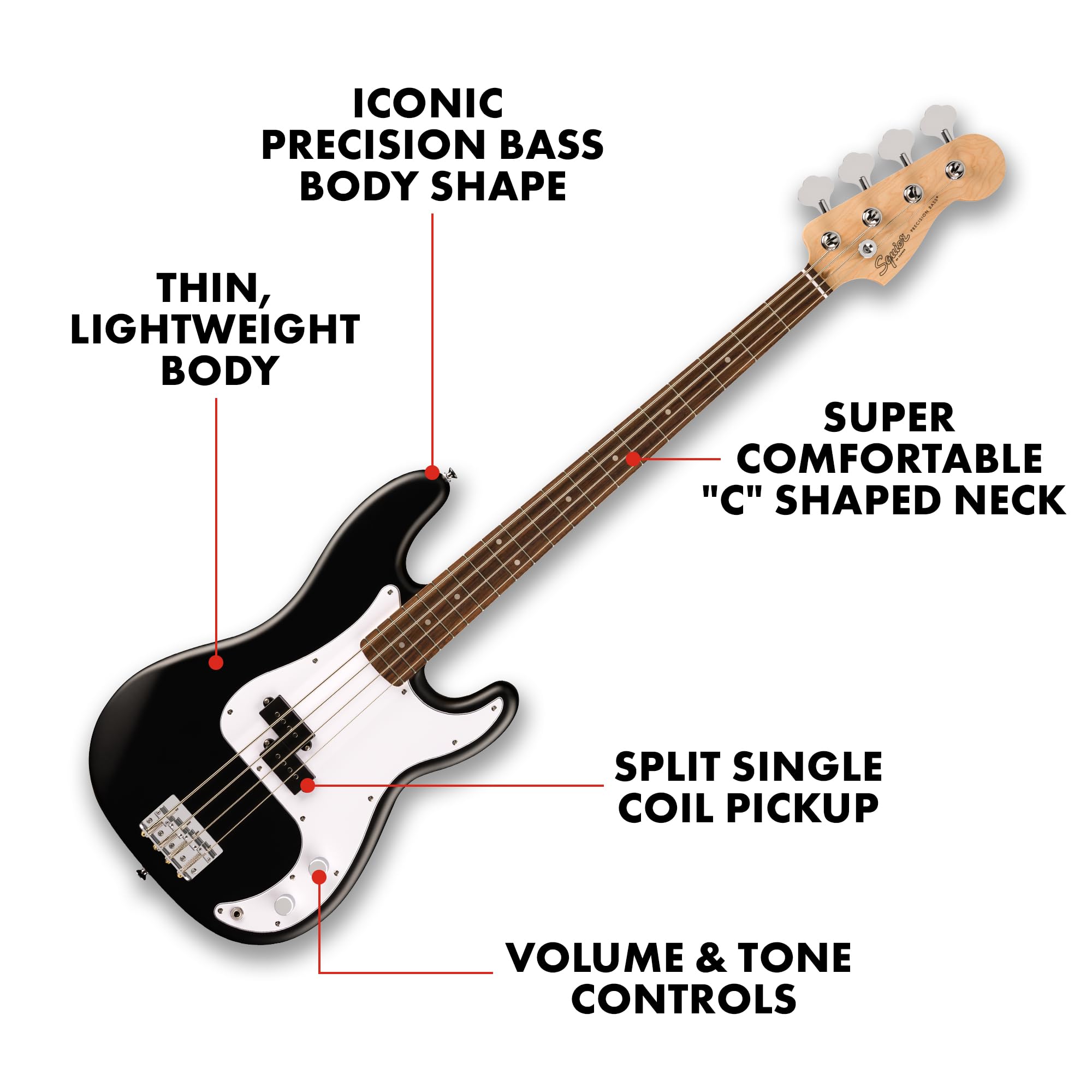 Fender Squier Debut Series Precision Bass Guitar, Beginner Guitar, with 2-Year Warranty, Includes Free Lessons, Black with Matte