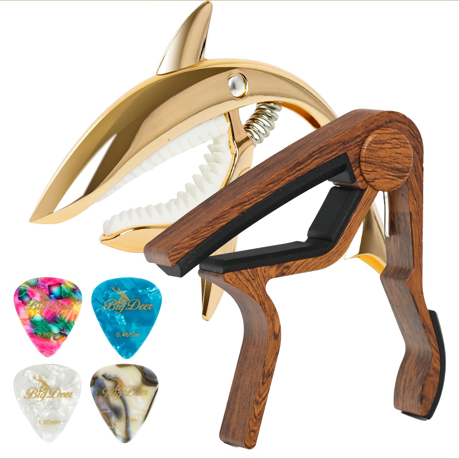 Bigdeer Guitar Capo For Acoustic And Electric Guitars - One Rosewood Plus One Alloy Shark Capo (Gold) For Both Acoustic And Elec