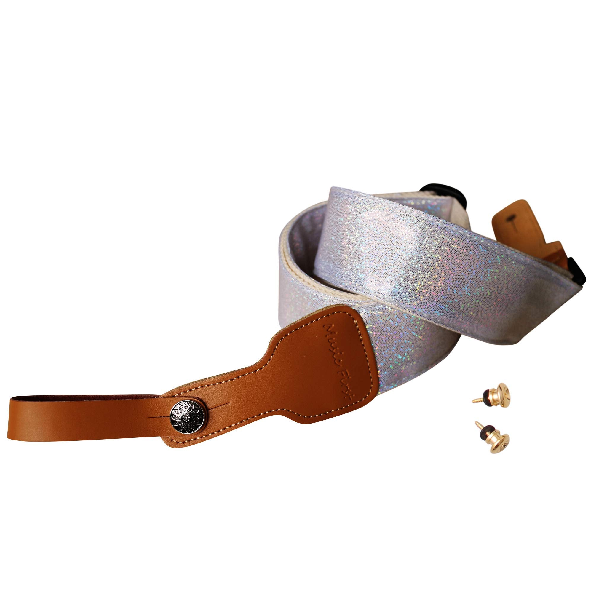 Music First Original Design Metallic Sparkle Delux Shining Guitar Strap, Ukulele Strap, Mandolin Strap, Stage Strap. (White)