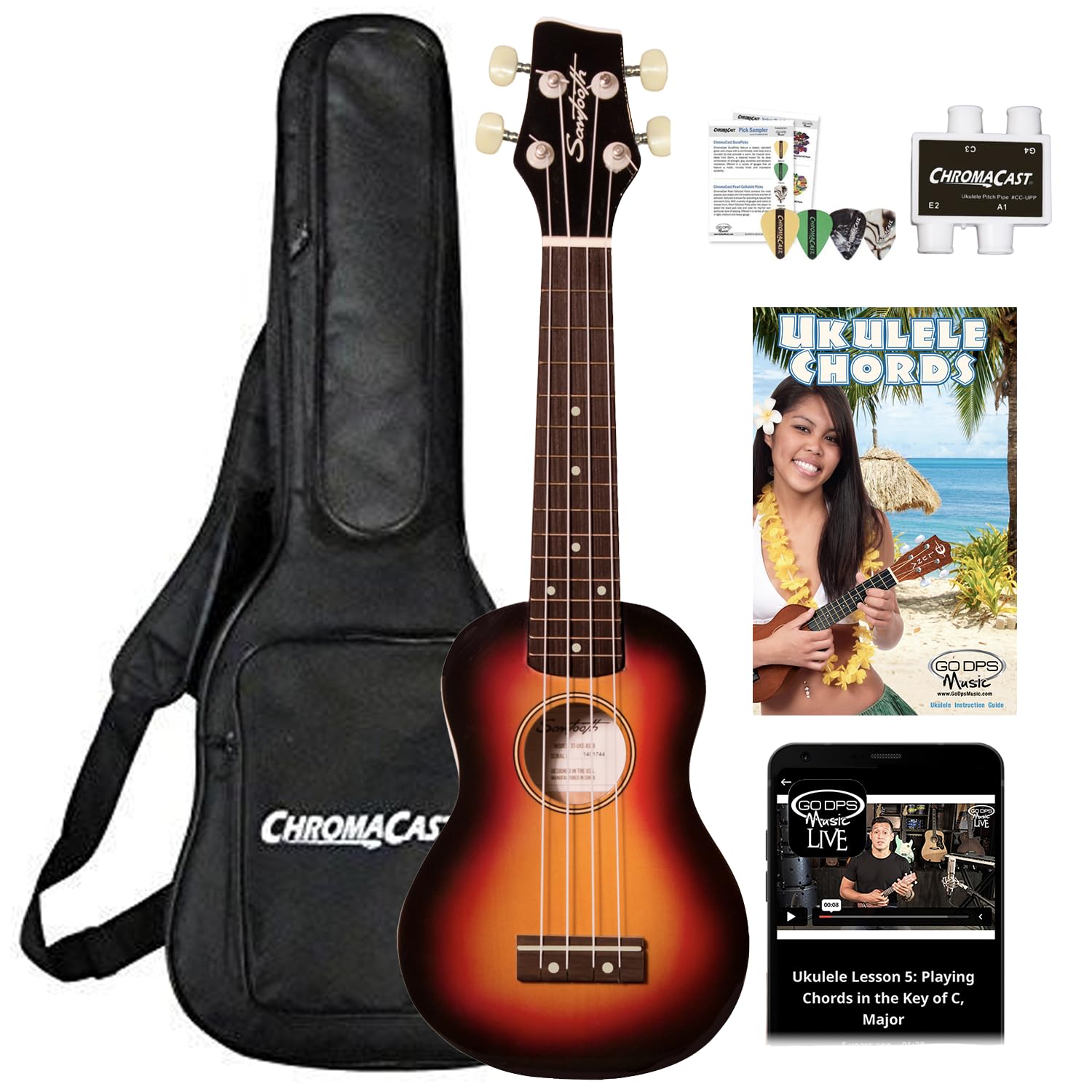 Sawtooth 4-String Sunburst Basswood Soprano Ukulele with Uke Chord Guide, Padded Gig Bag, Picks, Pitch Pipe and Free Online Less