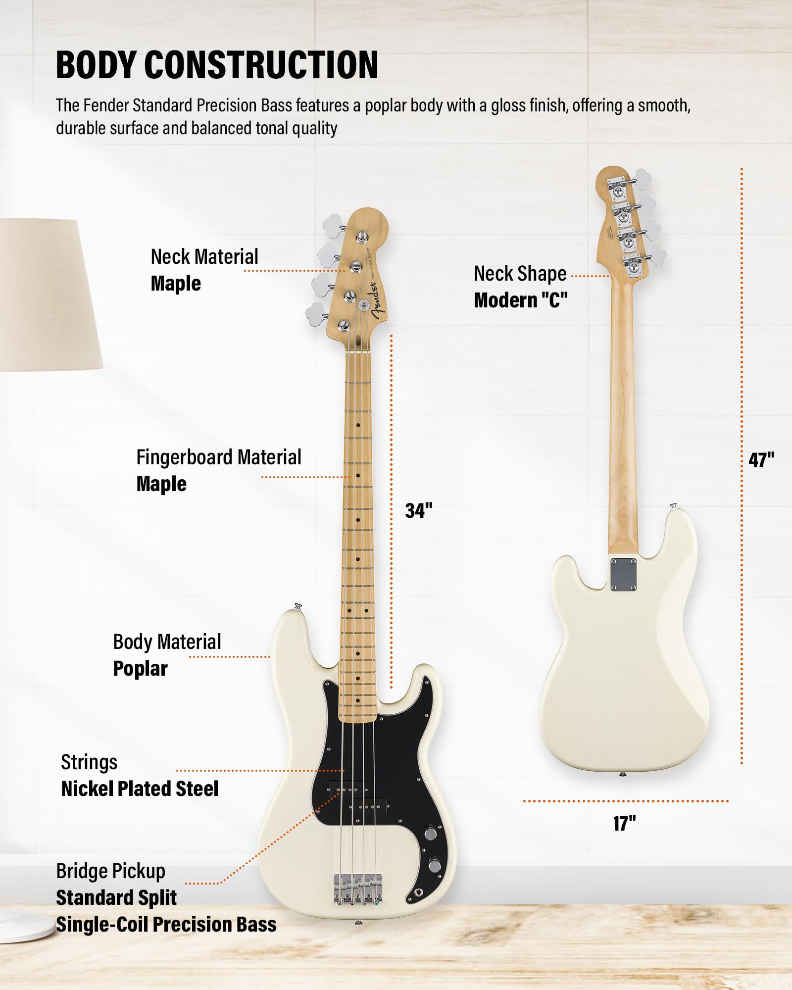 Fender Standard Precision Bass - Olympic White Bundle with Strap, Guitar Cleaning Kit, and Austin Bazaar Instructional Video