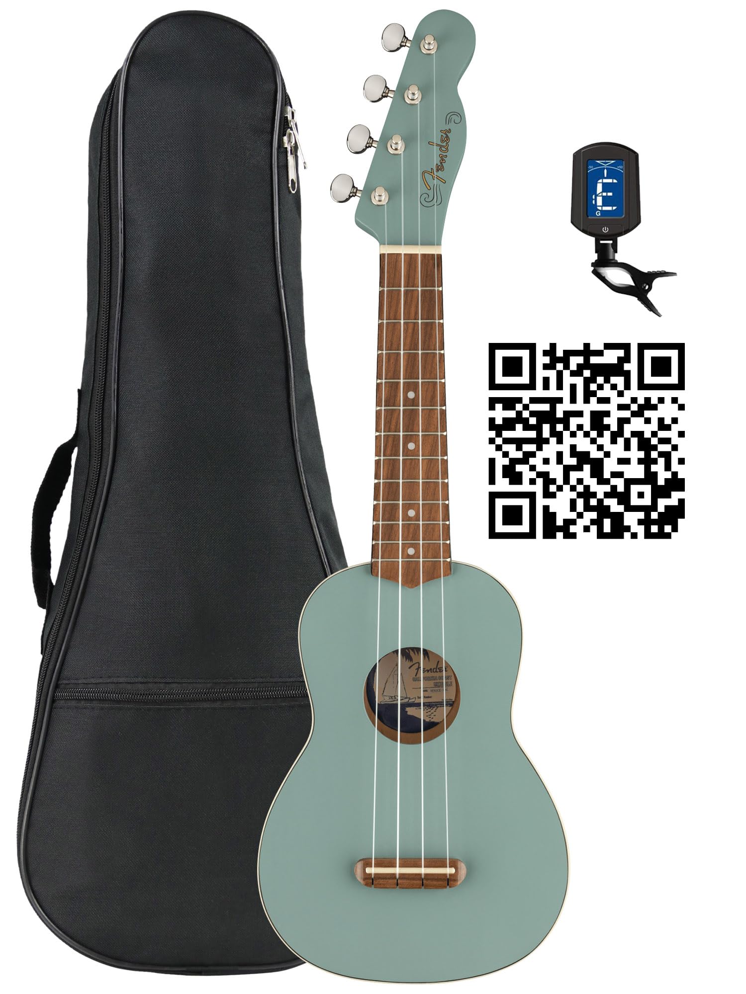 Fender Venice Soprano Ukulele - Sonic Gray Bundle with Gig Bag, Tuner, and Austin Bazaar Instructional Video