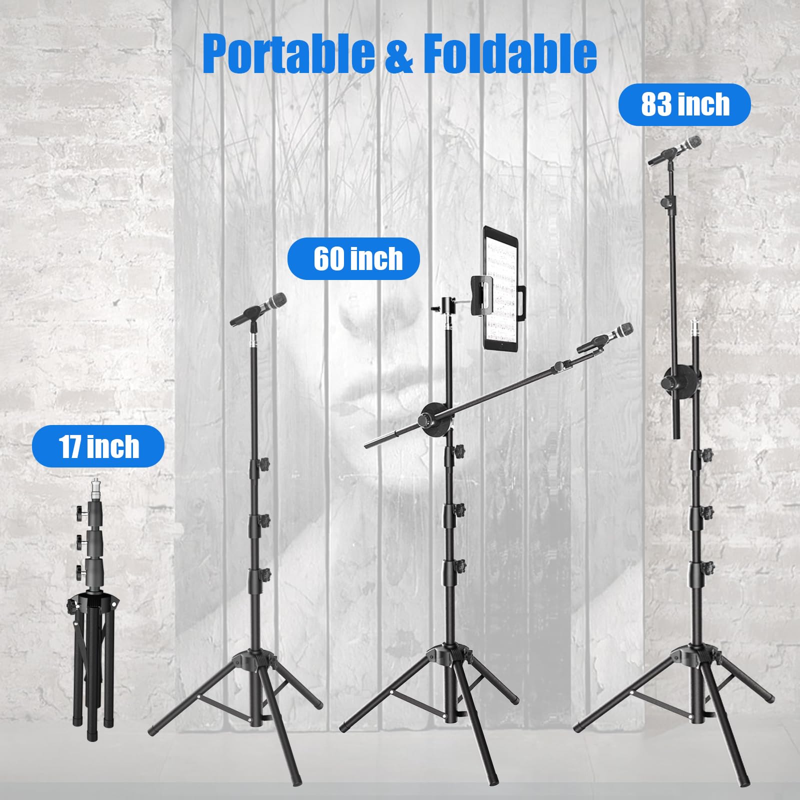 Kereal Microphone Stand Floor Boom Mic Stand with 360 Ball Head Tablet Holder, Two Mic Clips for Singing, Portable Mic stands Ad