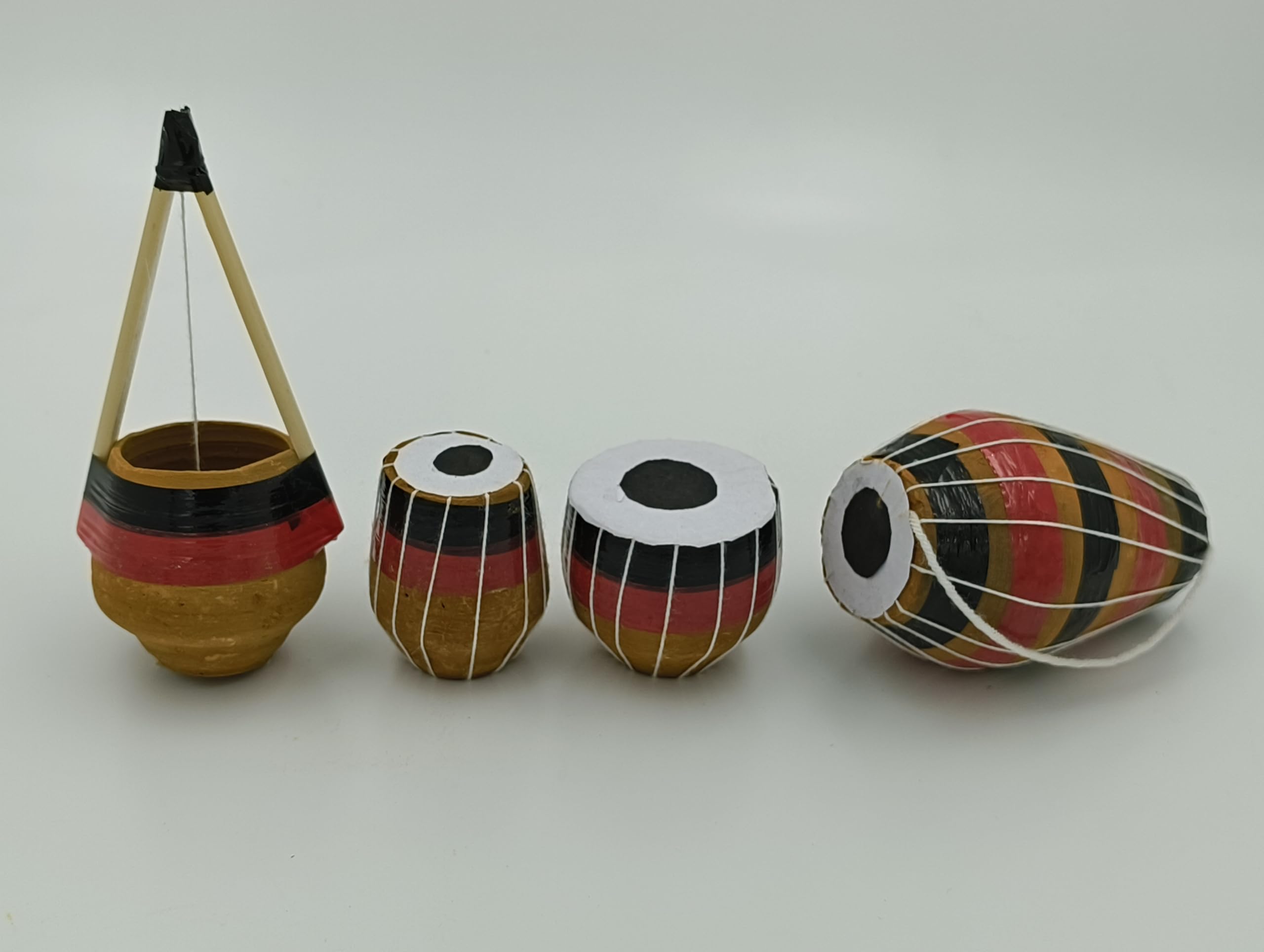 Fernhaus Handcrafted Terracotta Clay Musical Instrument Showpiece Set, 1 Tabla Set, 1 Ektara, 1 Dhol, 3 Colours, Ideal For Tv Un