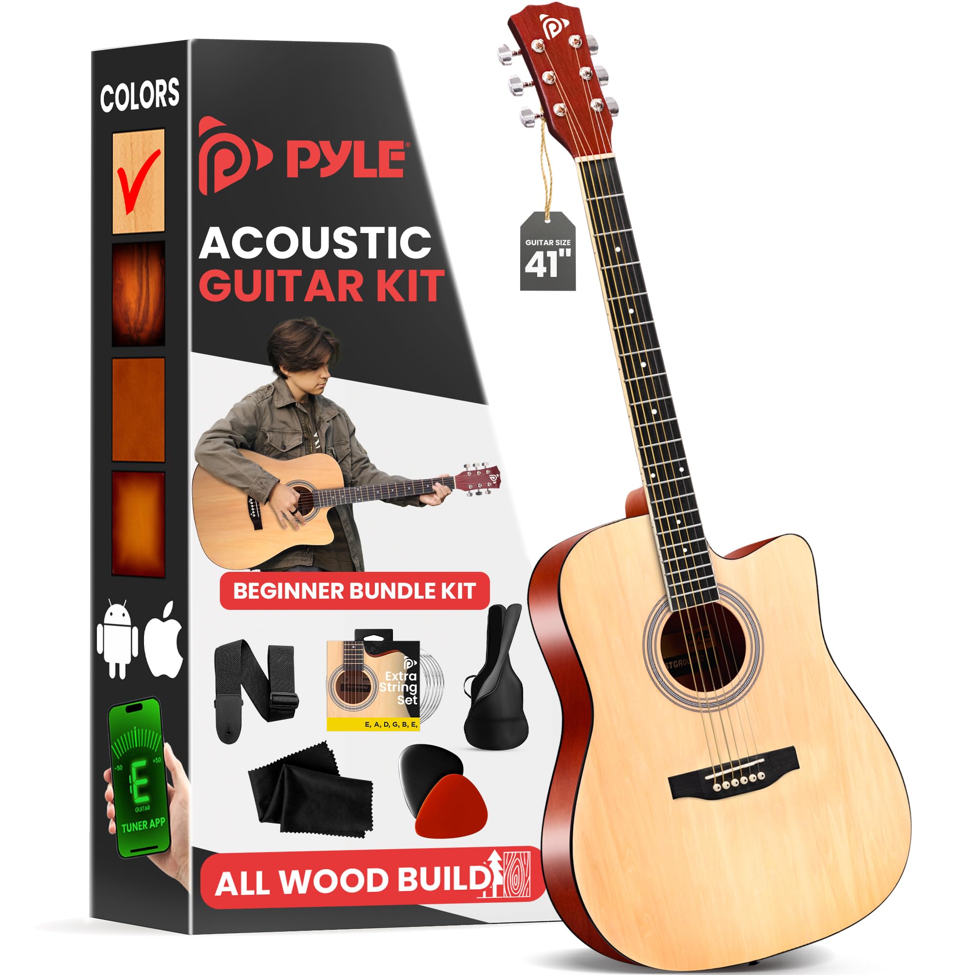 Pyle Steel String Acoustic Guitar Kit, 4/4 Full Size Cutaway All-Wood Guitarra Acustica With Premium Accessory Set And Upgraded