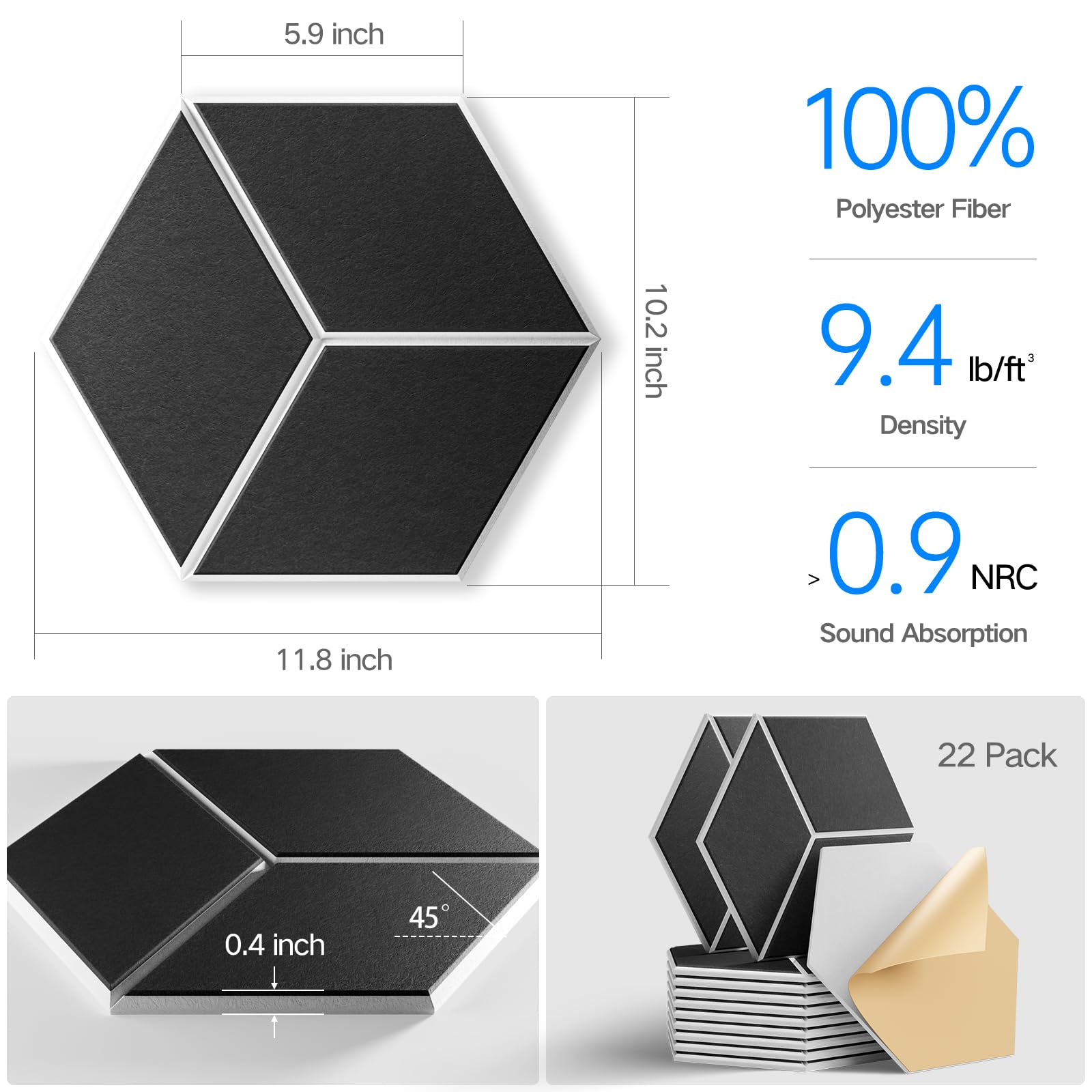 22-Pack Self-Adhesive Acoustic Panels, 12'' x 10'' x 0.4'' - High-Density, Flame-Resistant Soundproof Foam. Absorbs Noise and El