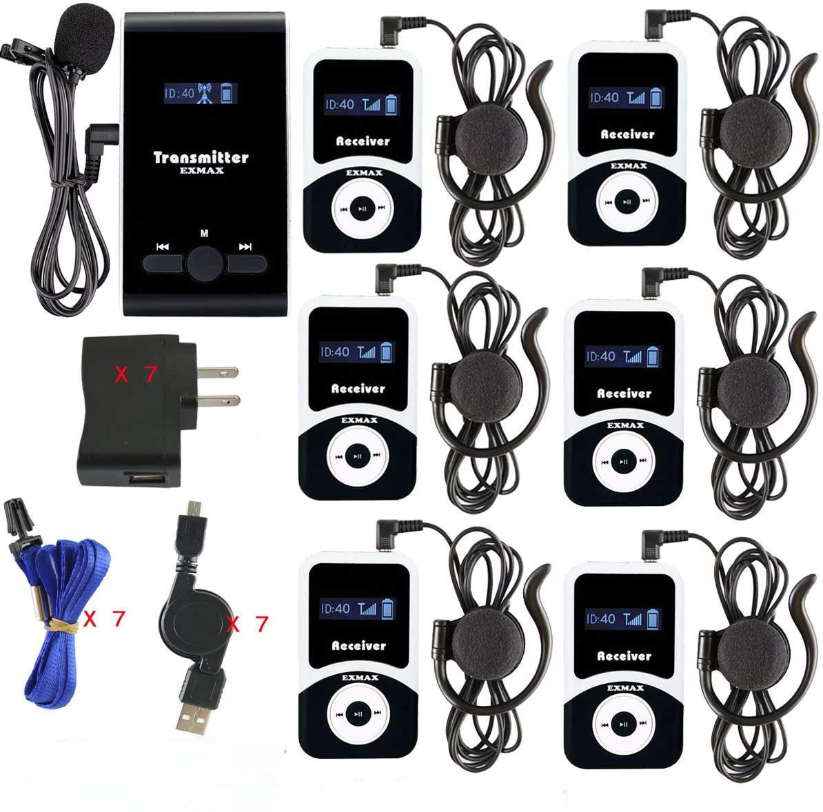 EXMAX ATG-100T 195MHz Wireless Tour Guide System Voice Audio Transmission +32-Slot Charge Case for School (1 Transmitter 6 Recei