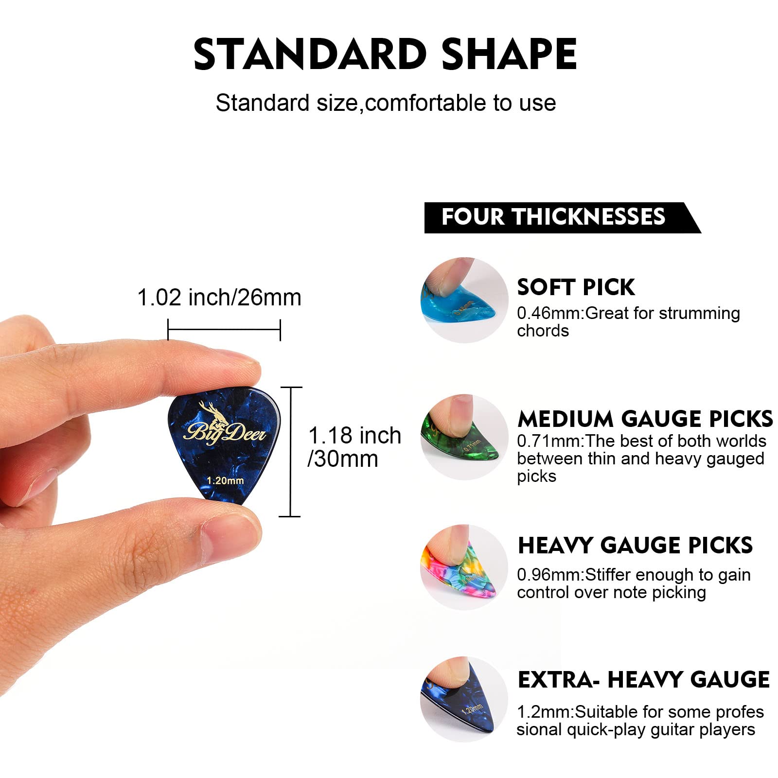 BigDeer 50 pack Celluloid Guitar Picks ,includes Thin,Medium, Heavy & Extra Heavy Picks Plectrums for Acoustic Guitar,Ukulele,Ba