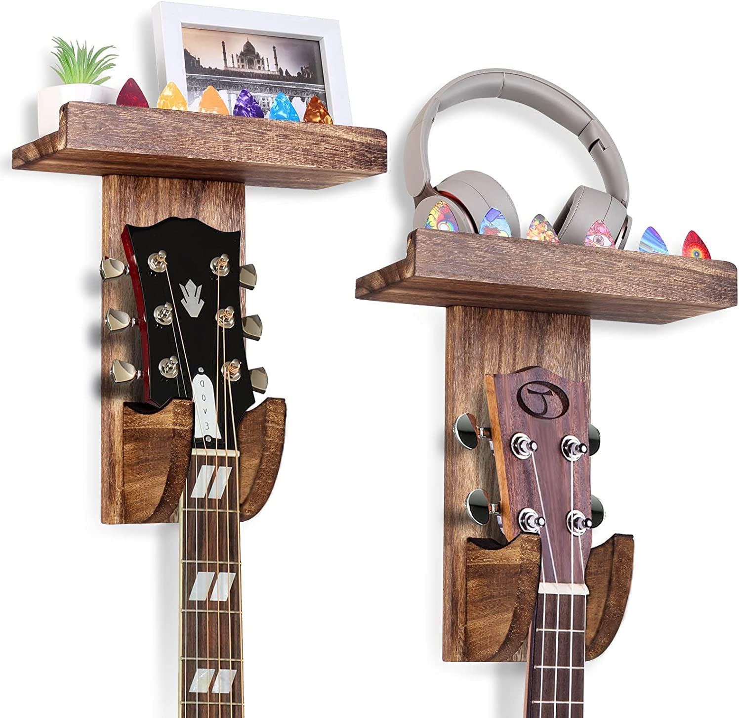 Star Wood Craft Pack 1 Guitar Wall Hanger, Guitar Wall Mount With Shelf, Guitar Hanger With Pick Holder, Wooden Hanging Guitar H
