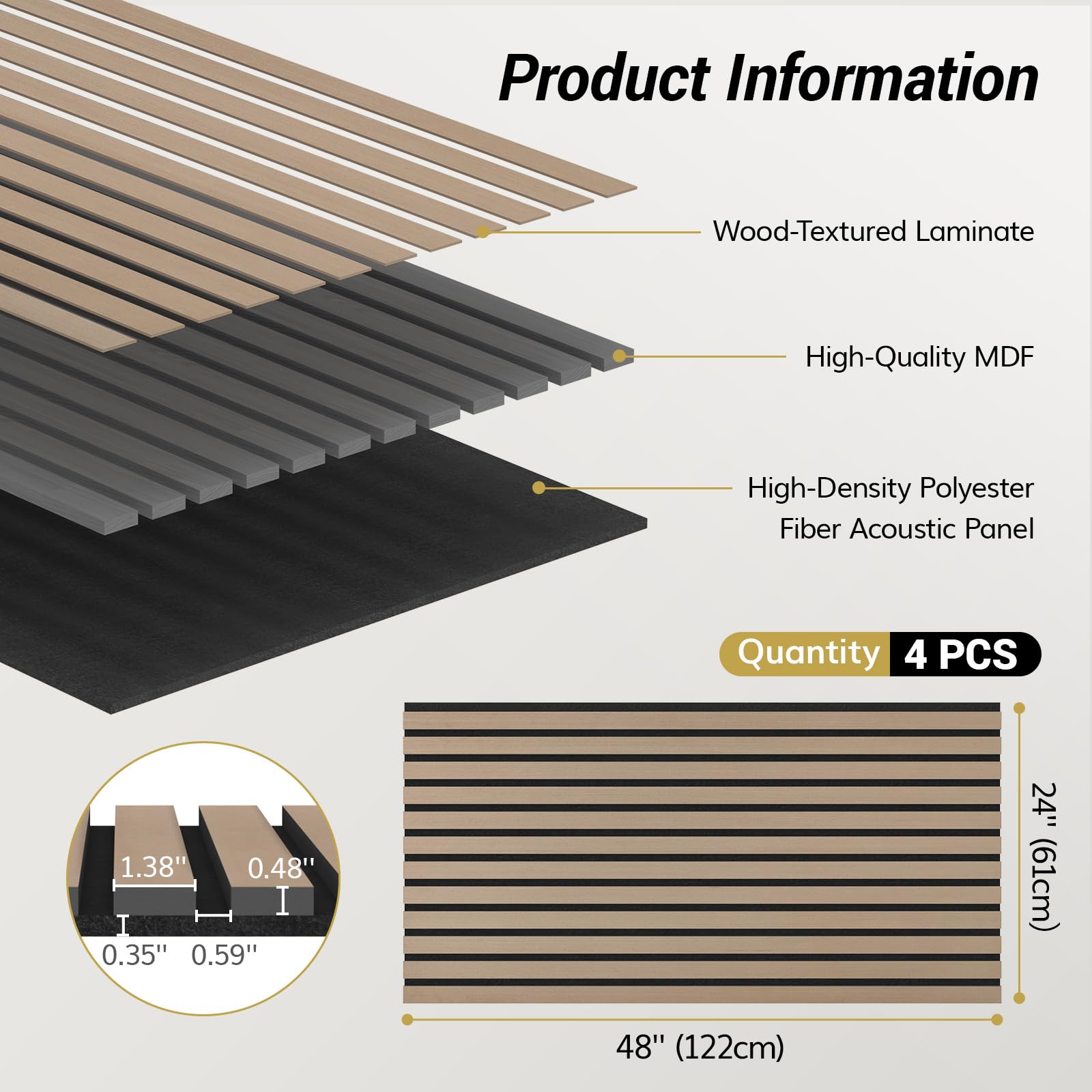 TONOR 4PCS Wood Slat Panels, 48    x 24   Adhesive Acoustic Panels for Wall, Decorative 3D Fluted Panels for Sound Absorbing, So