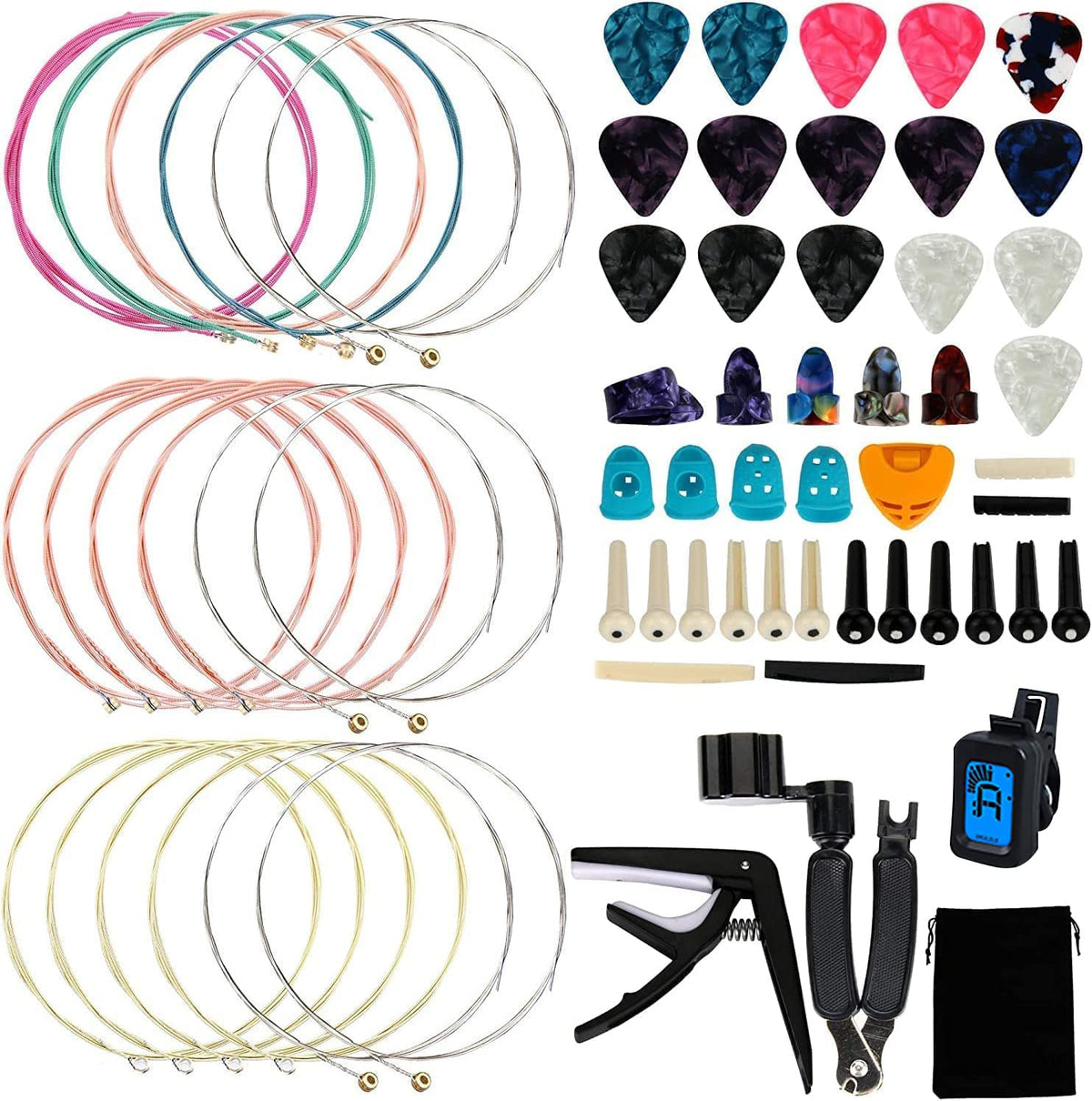 Augshy 65 Pcs Guitar Tool Guitar Repair Kit Including Guitar Strings, Guitar Picks, Pick Holder, Capo, String Winder&Cutter, Thu