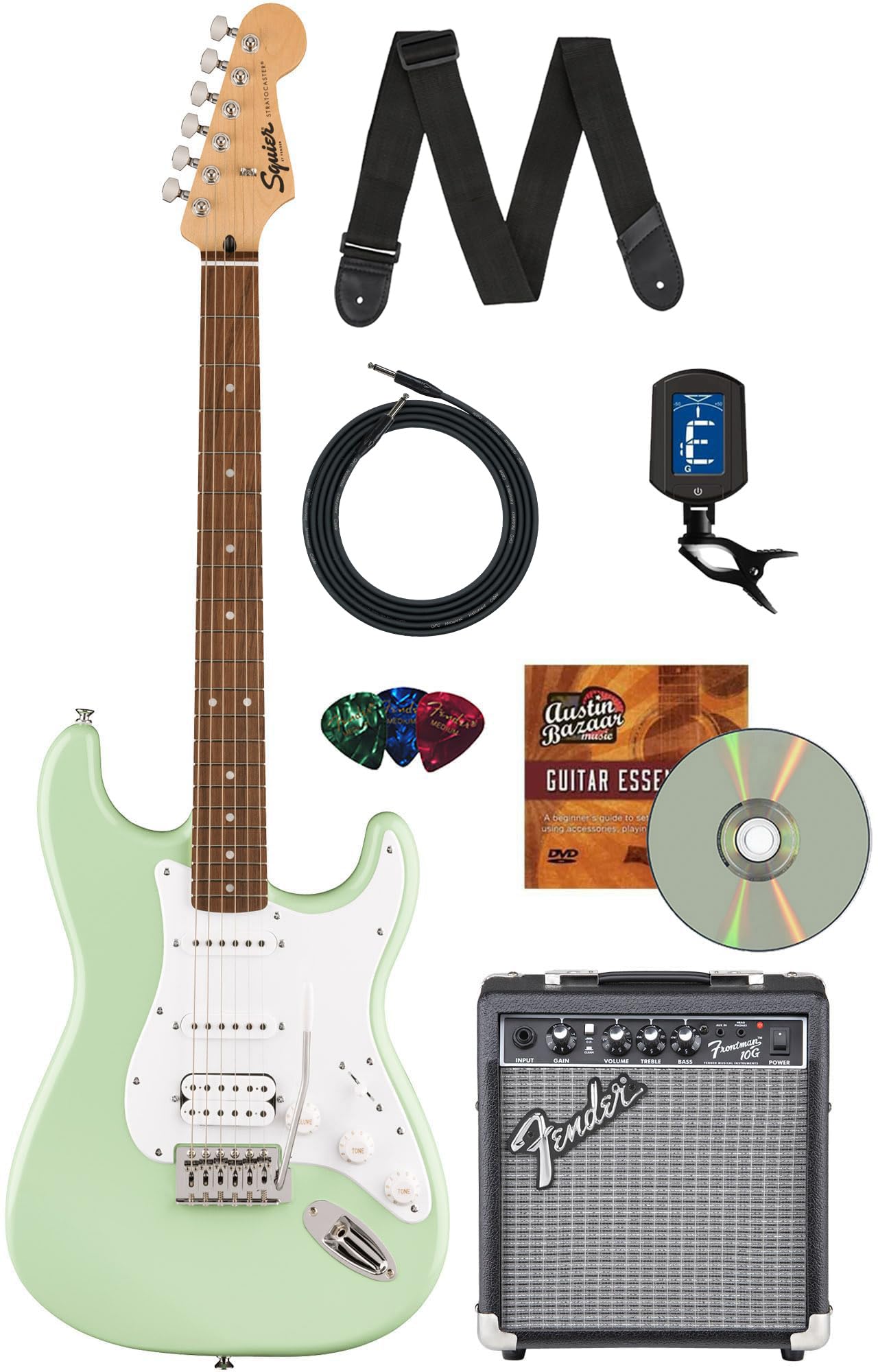 Fender Squier Sonic Stratocaster Hss - Surf Green Bundle With Amp, Cable, Tuner, Strap, Picks, And Austin Bazaar Guitar Dvd