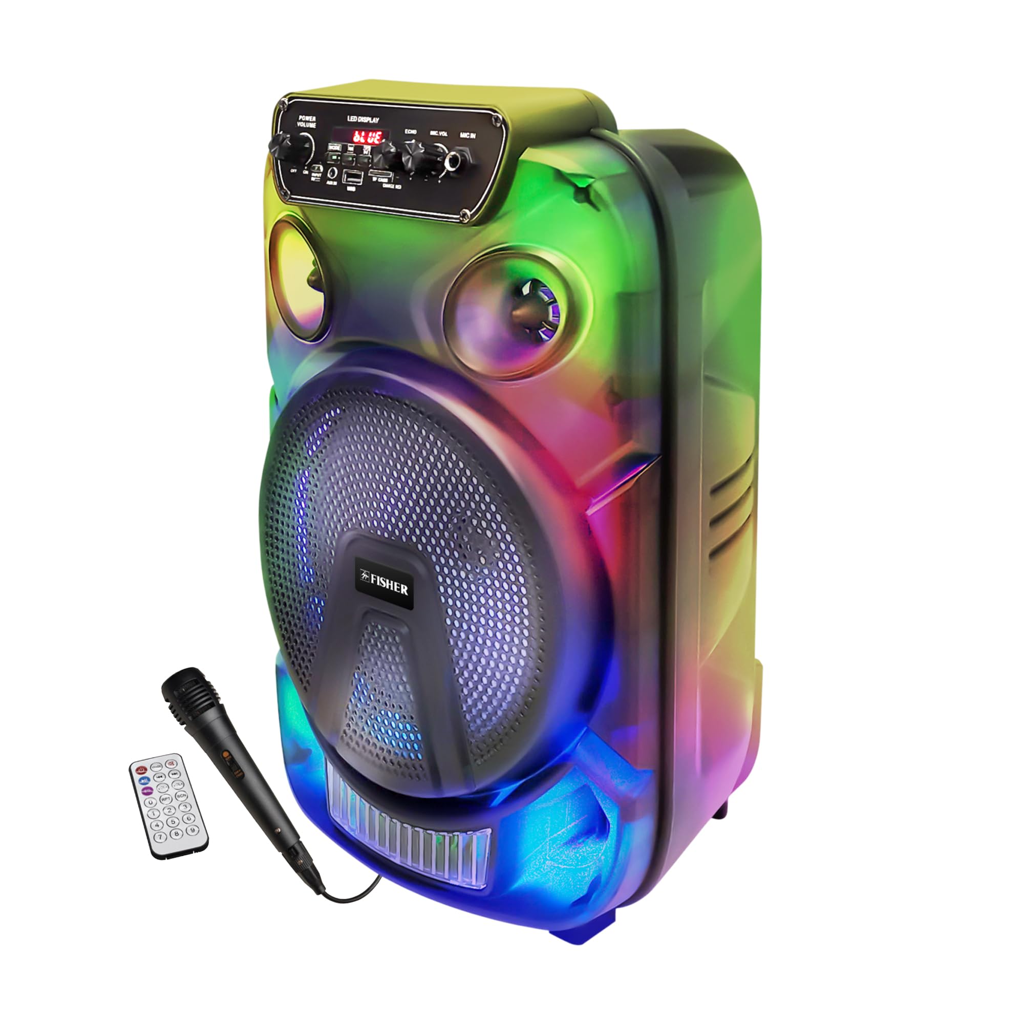 Fisher Portable Bluetooth PA Stereo Speakers System-Karaoke Wireless DJ, Dual 8 20W Peak Power, Loud HD Sound & LED Lights, Rech