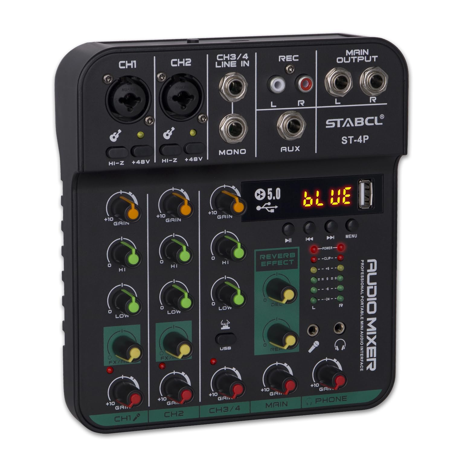4 Channel Audio Mixer Board, Sound Board Mixing Console with Digital USB Bluetooth 48V Phantom Power and Echo, Small Sound Mixer