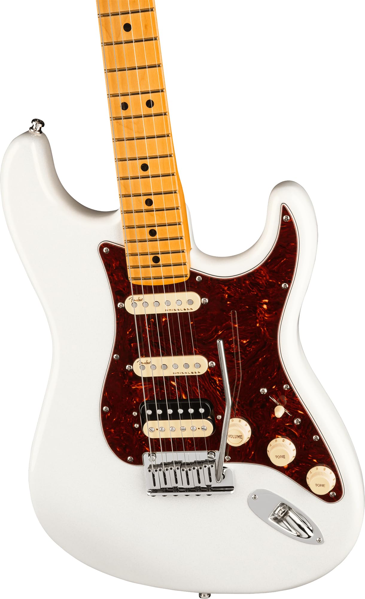 Fender American Ultra Stratocaster HSS - Arctic Pearl Bundle with Case, Hat, Strap, Cable, and Guitar Cleaning Kit