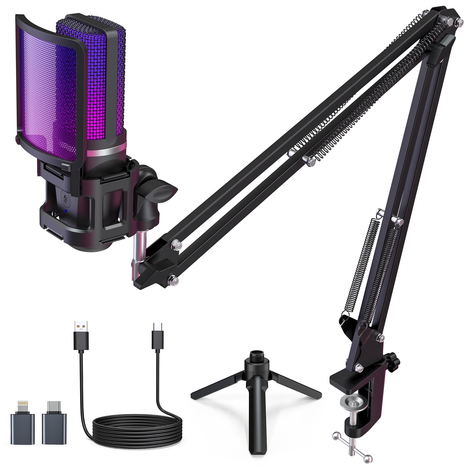 Zealsound Gaming Usb Microphone,Noise Cancellation Condenser Mic,Rgb Microphone With Mute,Gain,Monitoring,Boom Arm,Pop Filter Fo