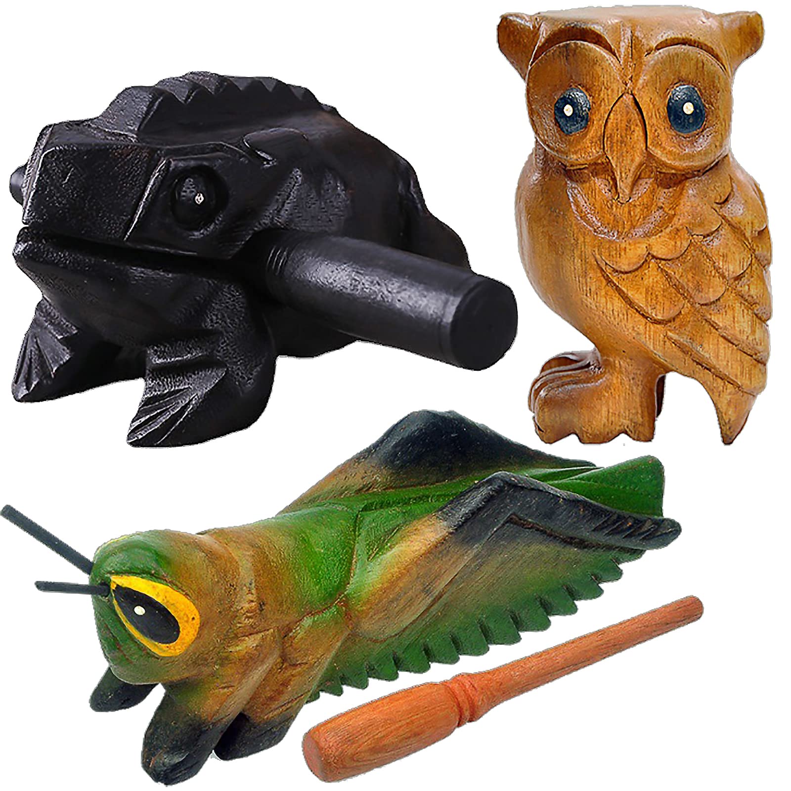 3 Pcs Handmade Percussion Instruments Animal Set - 4 Inch Wooden Frog, Cricket, and 3.5 Inch Owl - Artistic Craft and Unique Gif