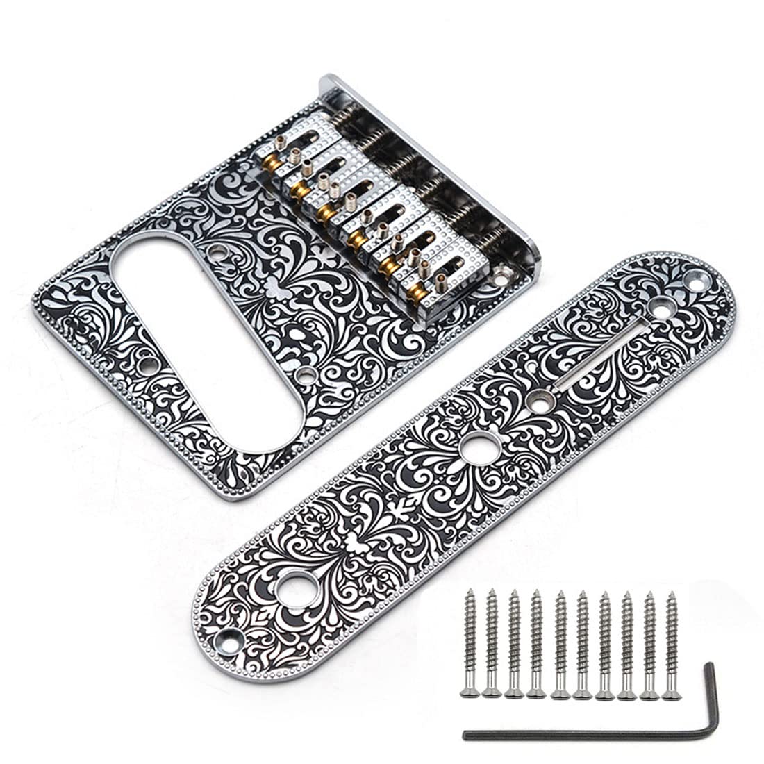 Tuoren Set Of Carved Pattern 6 String Roller Saddle Bridge Plate 3 Way Switch Control Plate Compatible With Tele Telecaster Styl