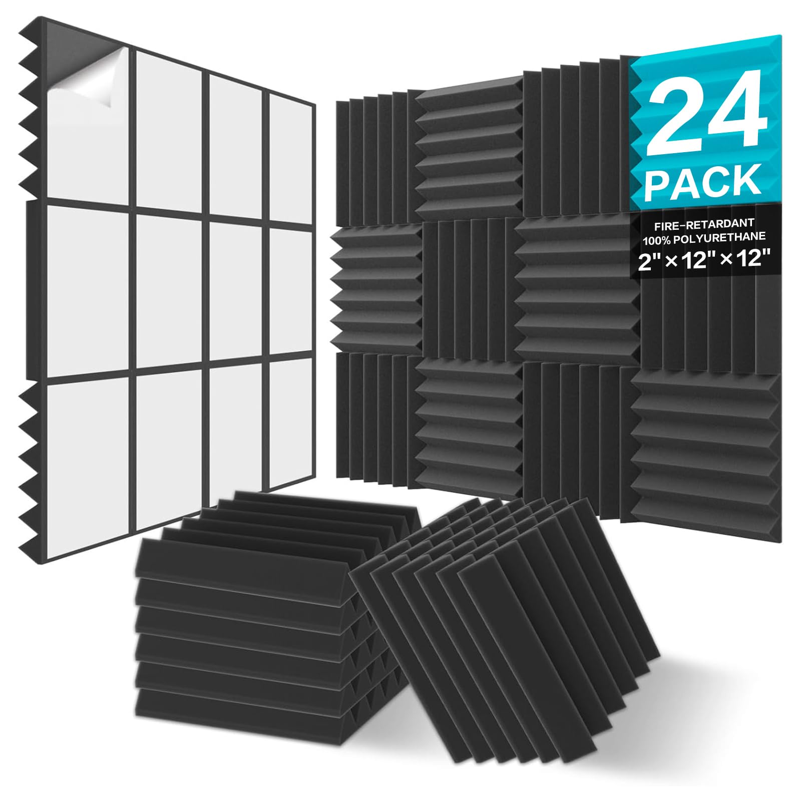 Jber 24Pack Sound Proof Foam Panels, 2'' X 12'' X 12'' Self-Adhesive Acoustic Wall Paddings For Home Office Studios (Black)