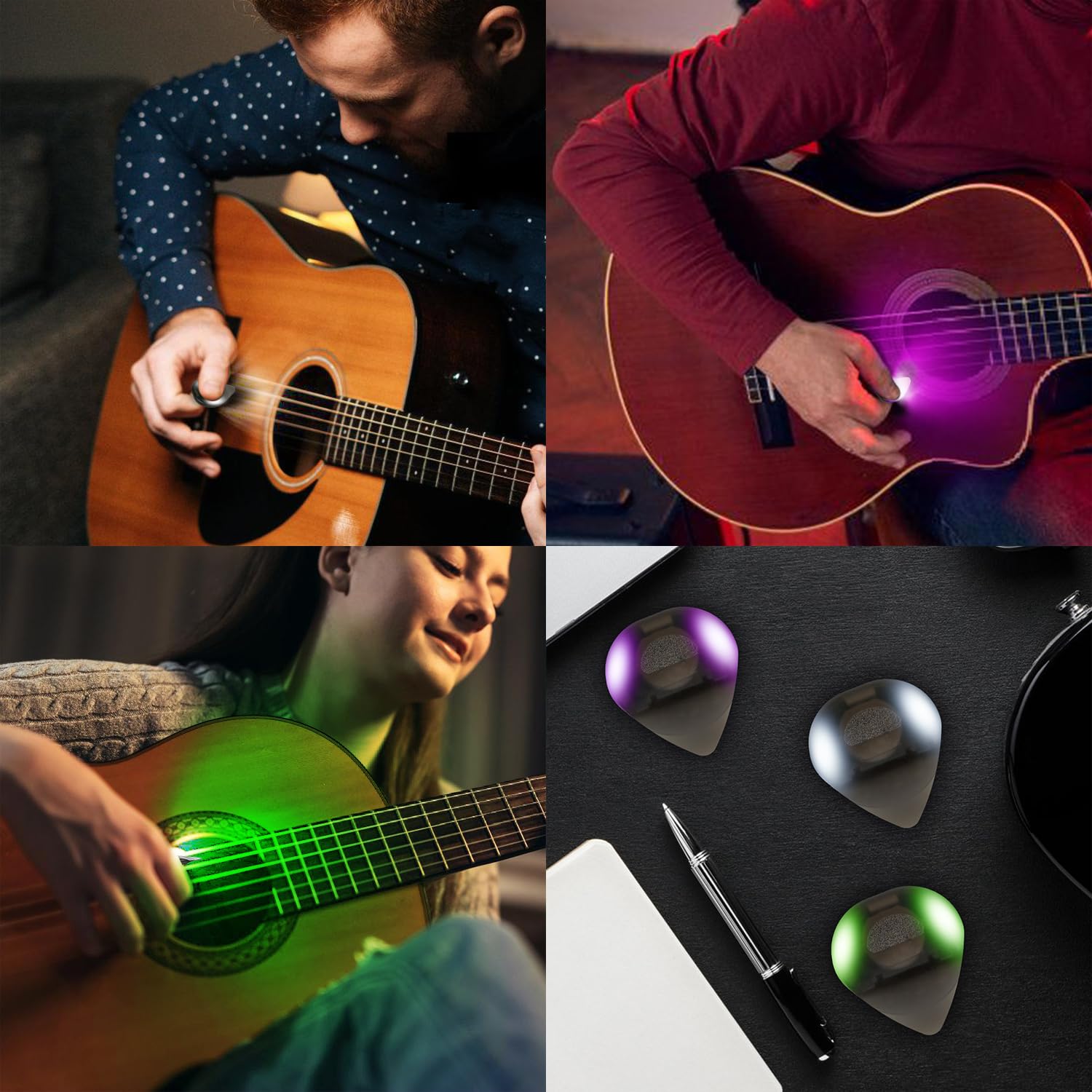 Auto LED Glowing Guitar Picks - Dazzling Colourful Illuminated Guitar Plectrum for Acoustic Electric and Bass Guitar, 0.6mm (Gre