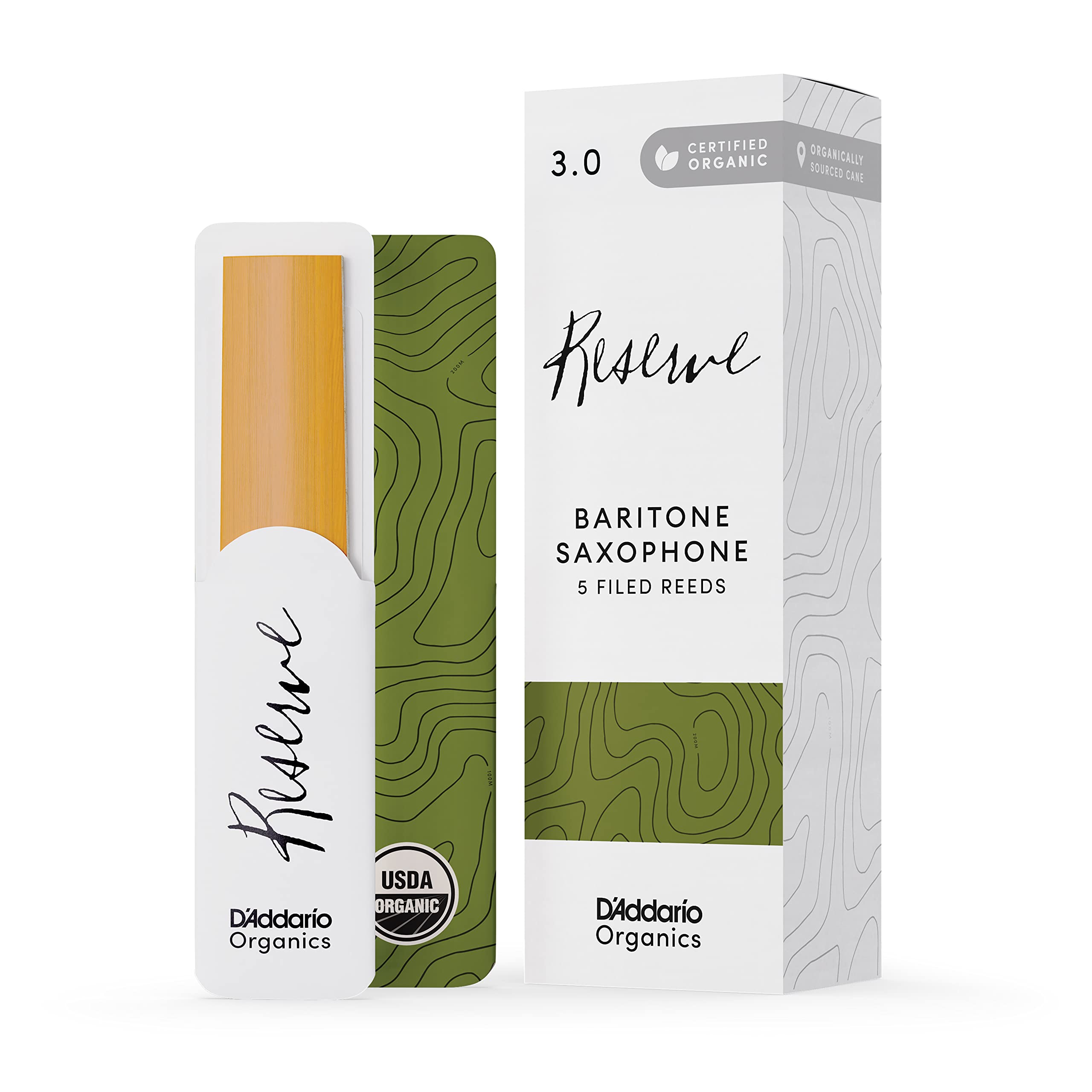 D'Addario Organic Reserve Baritone Saxophone Reeds - Sax Reeds - Individually Sealed - 3.0 Strength, 5 Pack