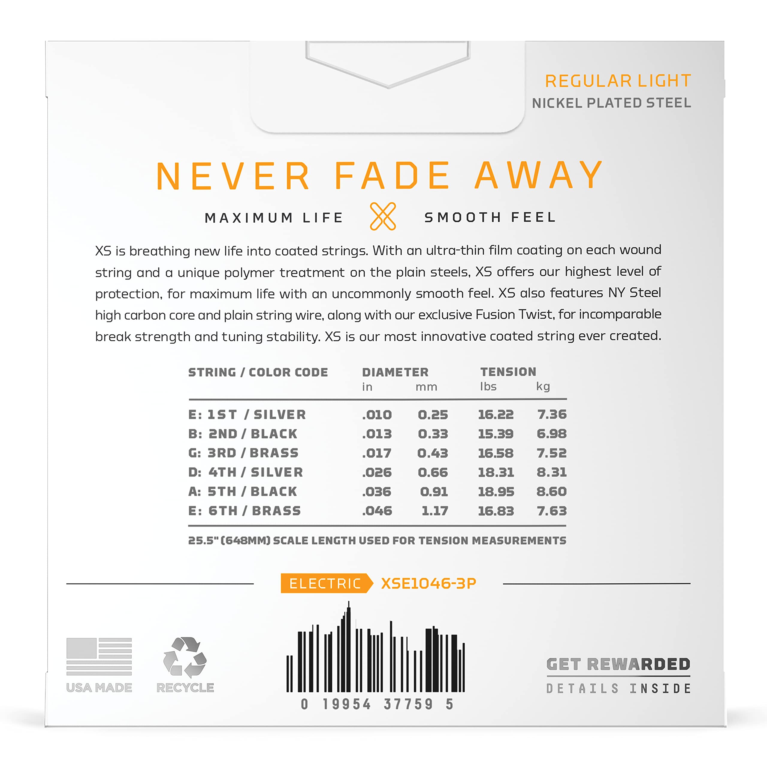 D'Addario Guitar Strings - XS Nickel Coated Electric Guitar Strings - XSE1046-3P - Maximum Life with Smooth Feel & Exceptional T