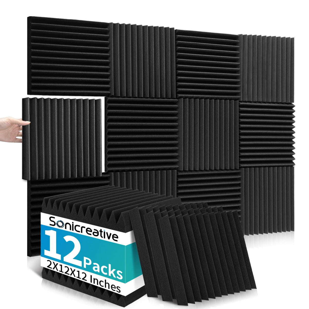 Sonicreative 12 Pack Acoustic Foam Panels Wedge 2 X 12 X 12 Inches High Density Sound Proof Foam Panels For Walls, Fire-Proofed