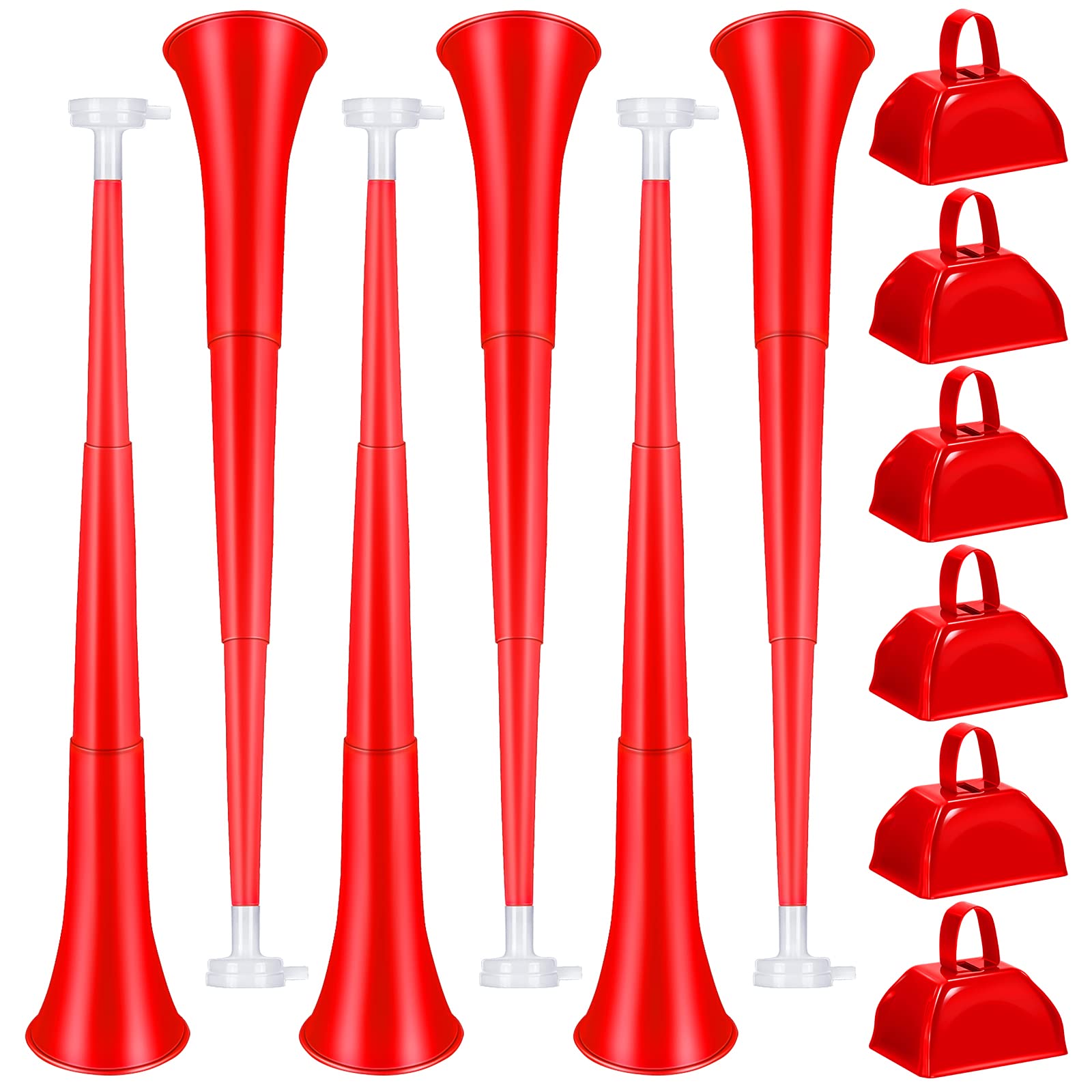 Treela 12 Pcs Collapsible Stadium Horn and Metal Cowbells 24 Inch Vuvuzela Horn Blow Plastic Trumpet Cow Bells with Handle Noise