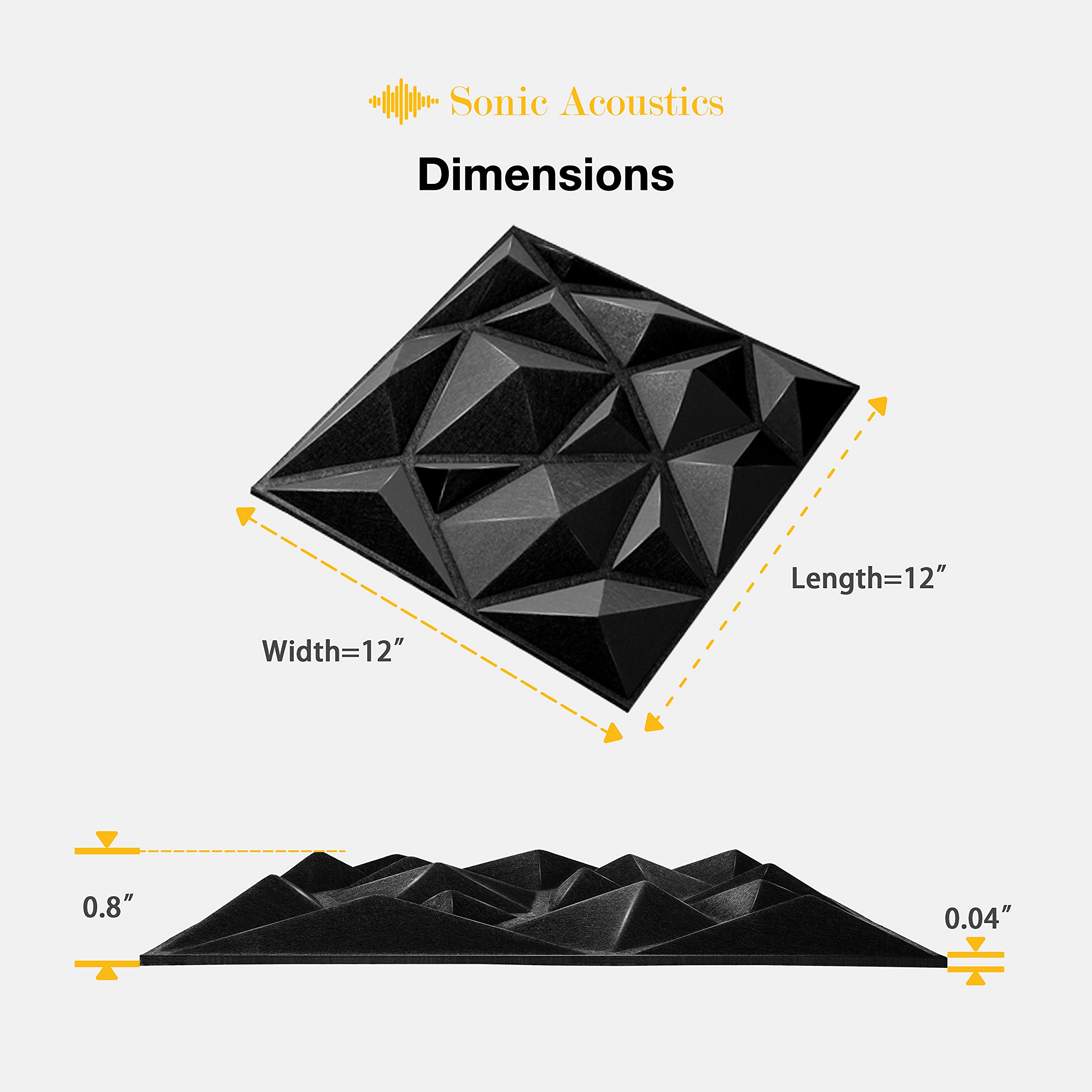 Sonic Acoustics 12 Pack Acoustic Foam Panels 0.4'' X 12'' X 12'' Sound Absorbing Panel, 3D Unique Soundproof Foam Insulation, Fo