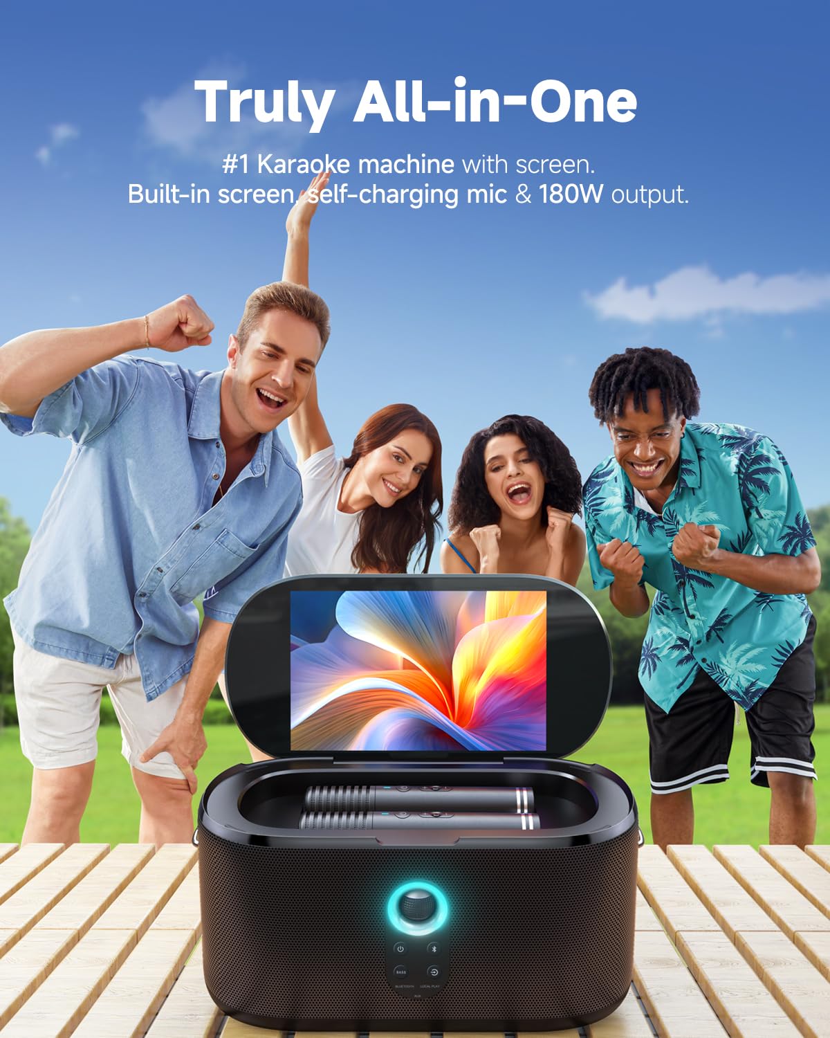 Ikarao Smart Karaoke Machine, Built-in 10.1'' Screen Lyrics Display for Adults Kids, 2 Auto Charging Wireless Microphones, Porta