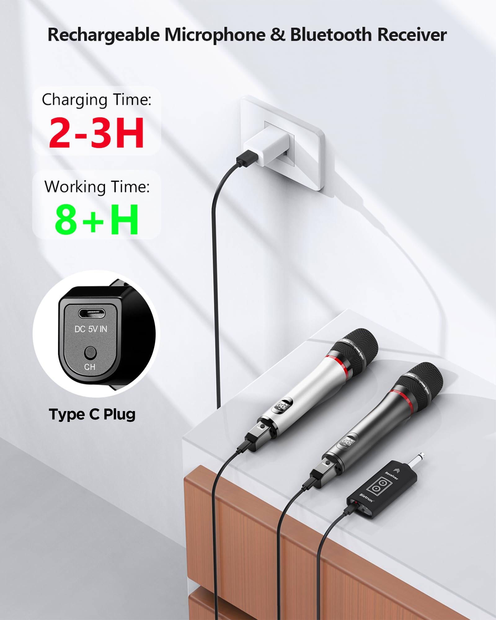 Bietrun Rechargeable Wireless Microphone,Dual Metal Cordless Handheld Dynamic Wireless Mics with Bluetooth, UHF 240FT Range for