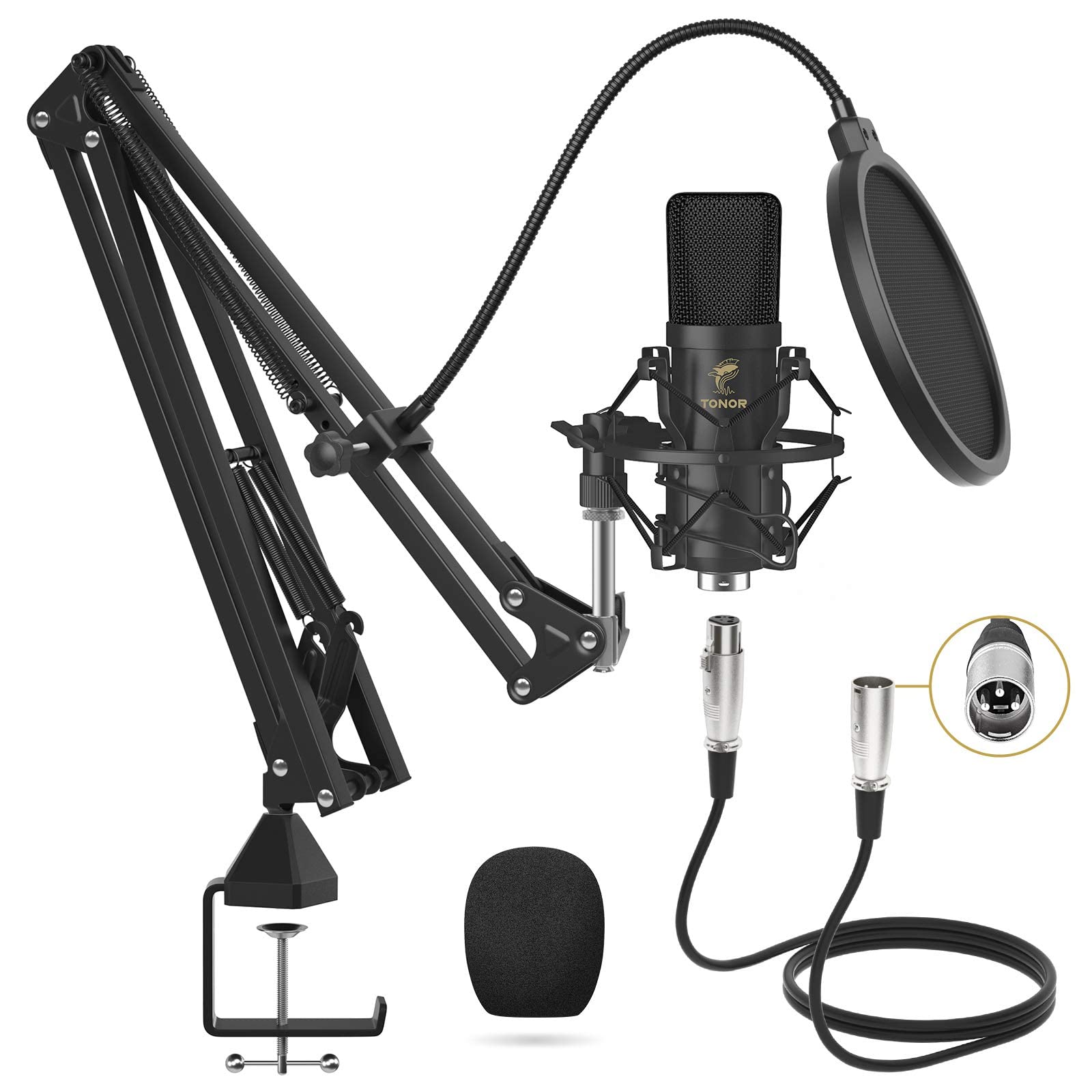 Tonor Xlr Condenser Microphone, Professional Cardioid Studio Mic Kit With T20 Boom Arm, Shock Mount, Pop Filter For Recording, P