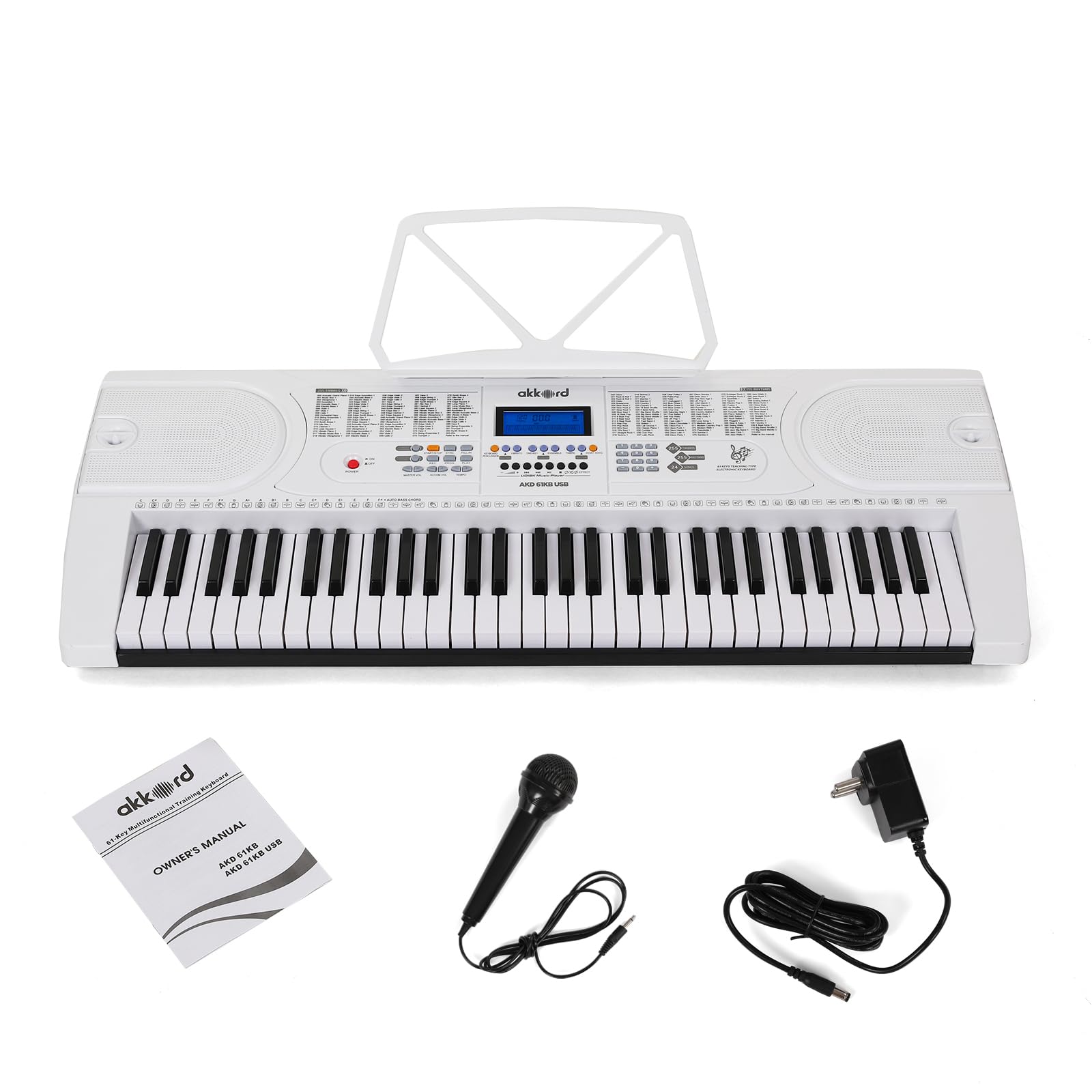 Akkord 61-Key Octave Electronic Keyboard With Adapter- Lcd Display| Usb Input| Mic |Music Sheet Stand | 255 Rhythms | 255 Timbre
