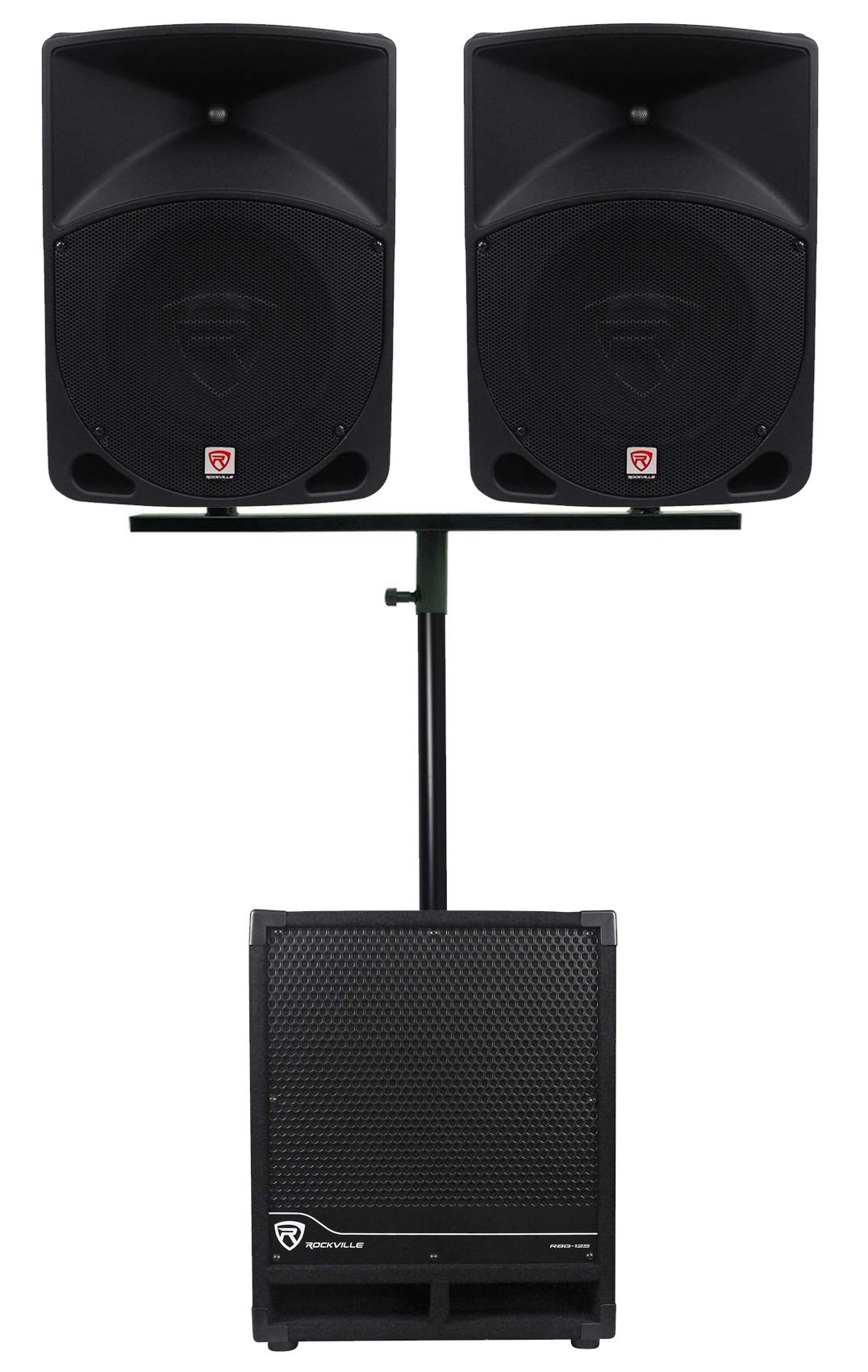 Rockville RPG10 Bundle: (2) 10 600W Peak/150W RMS Active PA Speakers, RBG12S 12 1400W Peak/350W RMS Powered Subwoofer, DP Dual C