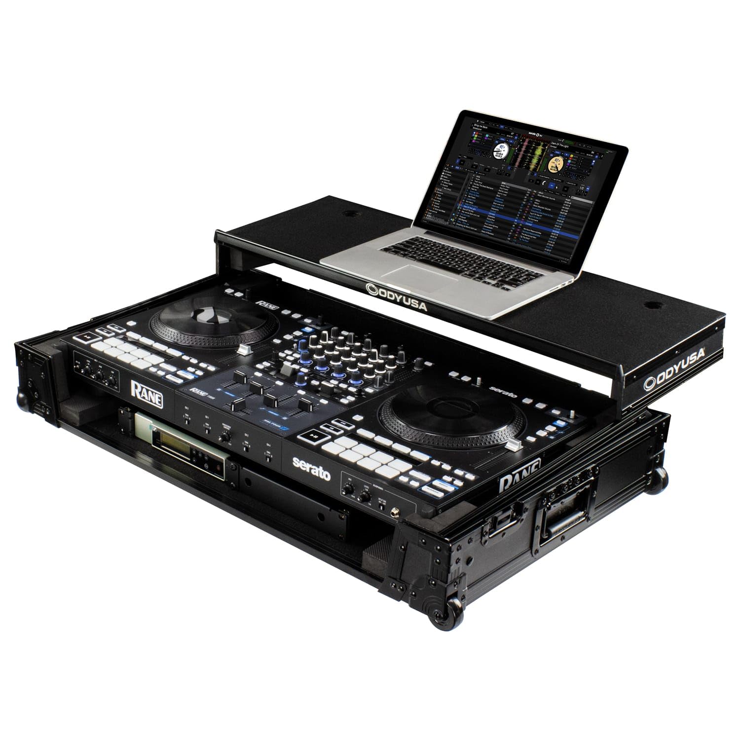 ODYSSEY FZGSRANE4W1BL Glide-style Flight Case for Rane Four with Wheels and 1U Rack - Black Label