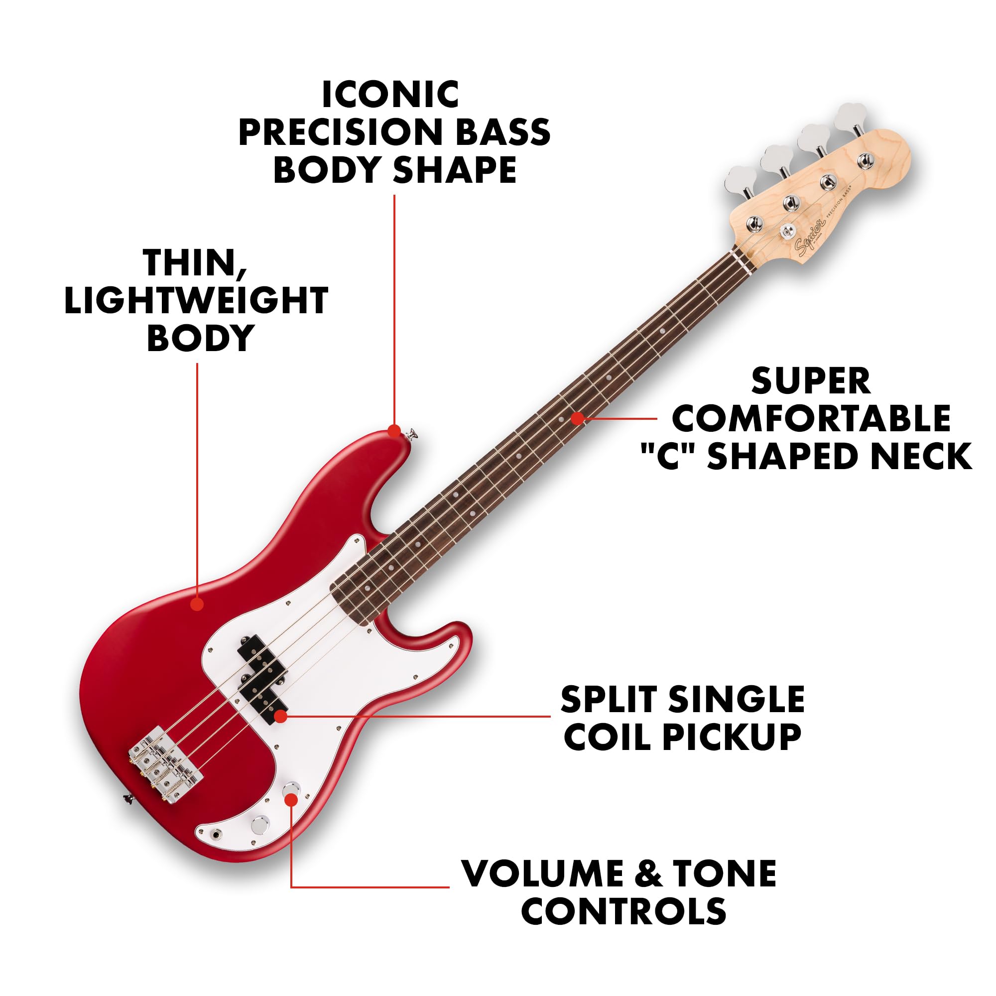 Fender Squier Debut Series Precision Bass Guitar, Beginner Guitar, with 2-Year Warranty, Includes Free Lessons, Dakota Red with