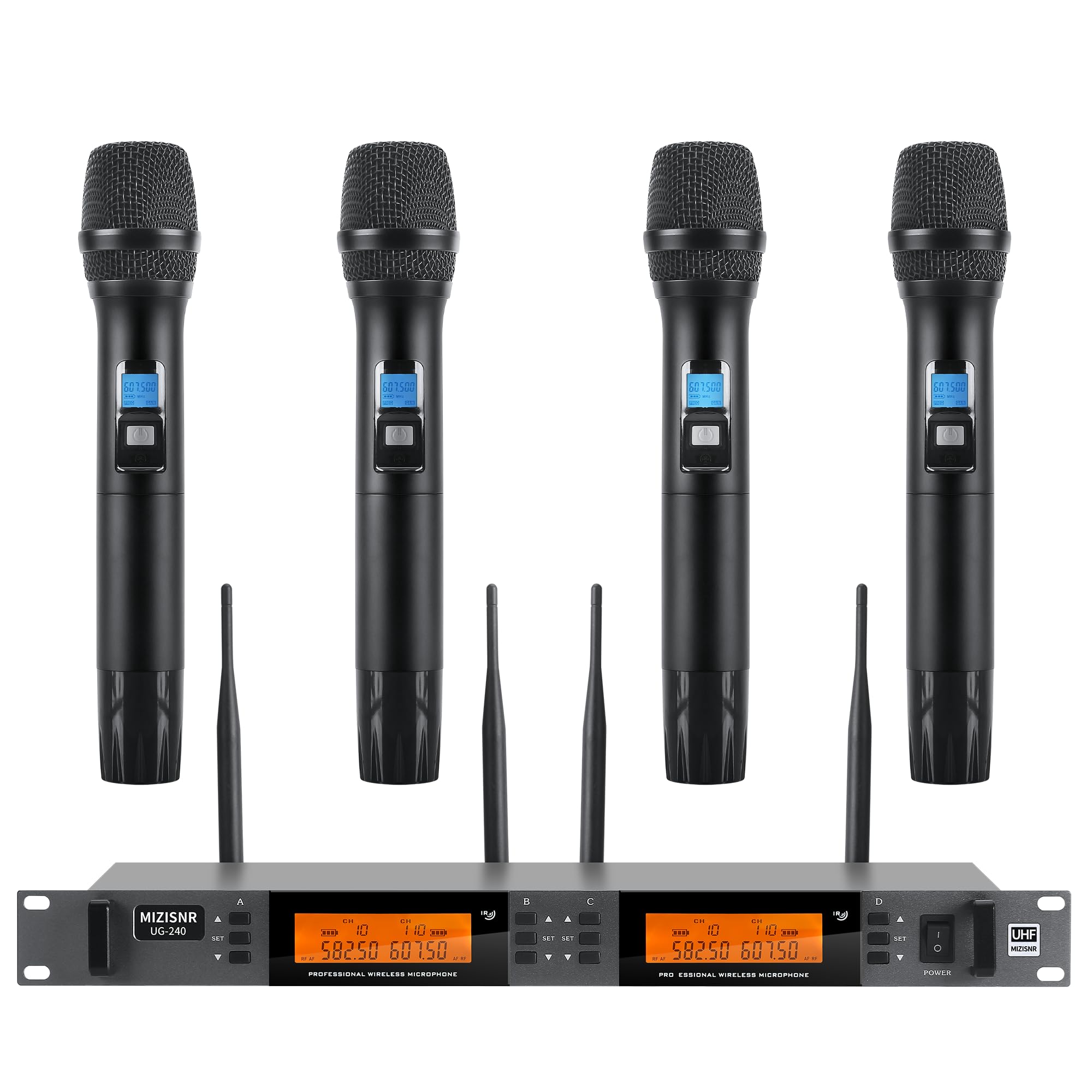 Mizisnr Wireless Microphone System 4 Channel, Uhf Metal Cordless Handheld Mics Set - 200 Adjustable Frequencies, Auto Scan & Mem