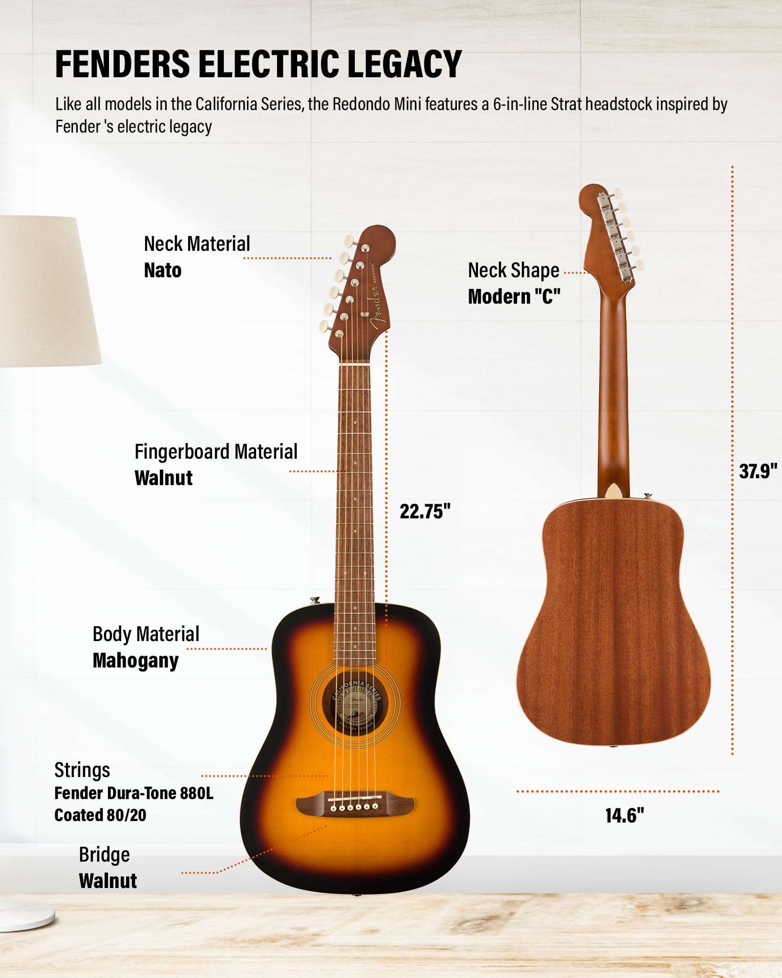 Fender Redondo Mini Acoustic Guitar Bundle with Gig Bag, Strap, Clip-on Tuner, Strings, String Winder, Picks, and Austin Bazaar