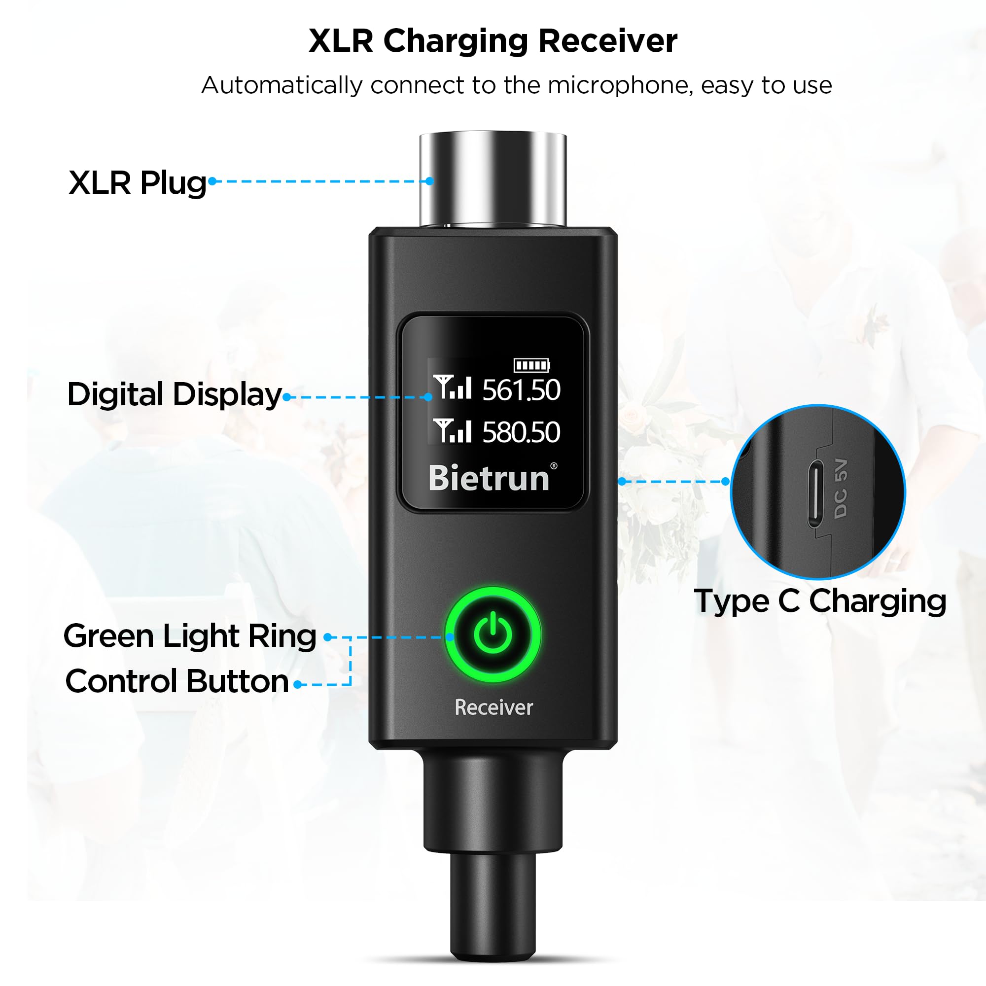 Bietrun XLR Wireless Microphone, Rechargeable Dual Metal Cordless Handheld Dynamic Mics for Mixer, Audio Interface, PA Amplifier