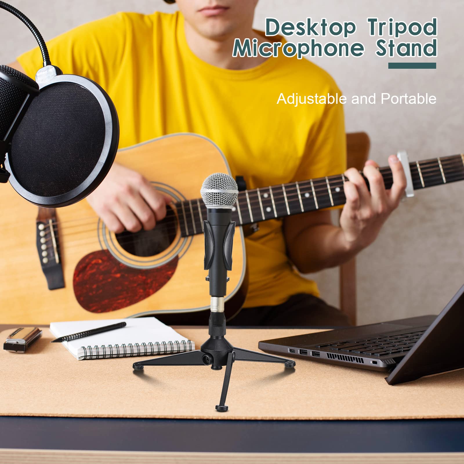 3 Pack Desktop Mic Stand Portable Foldable Tripod with Mic Clip Holder Adjustable Height Table Microphone Stand Desk 5/8 Inch Ma