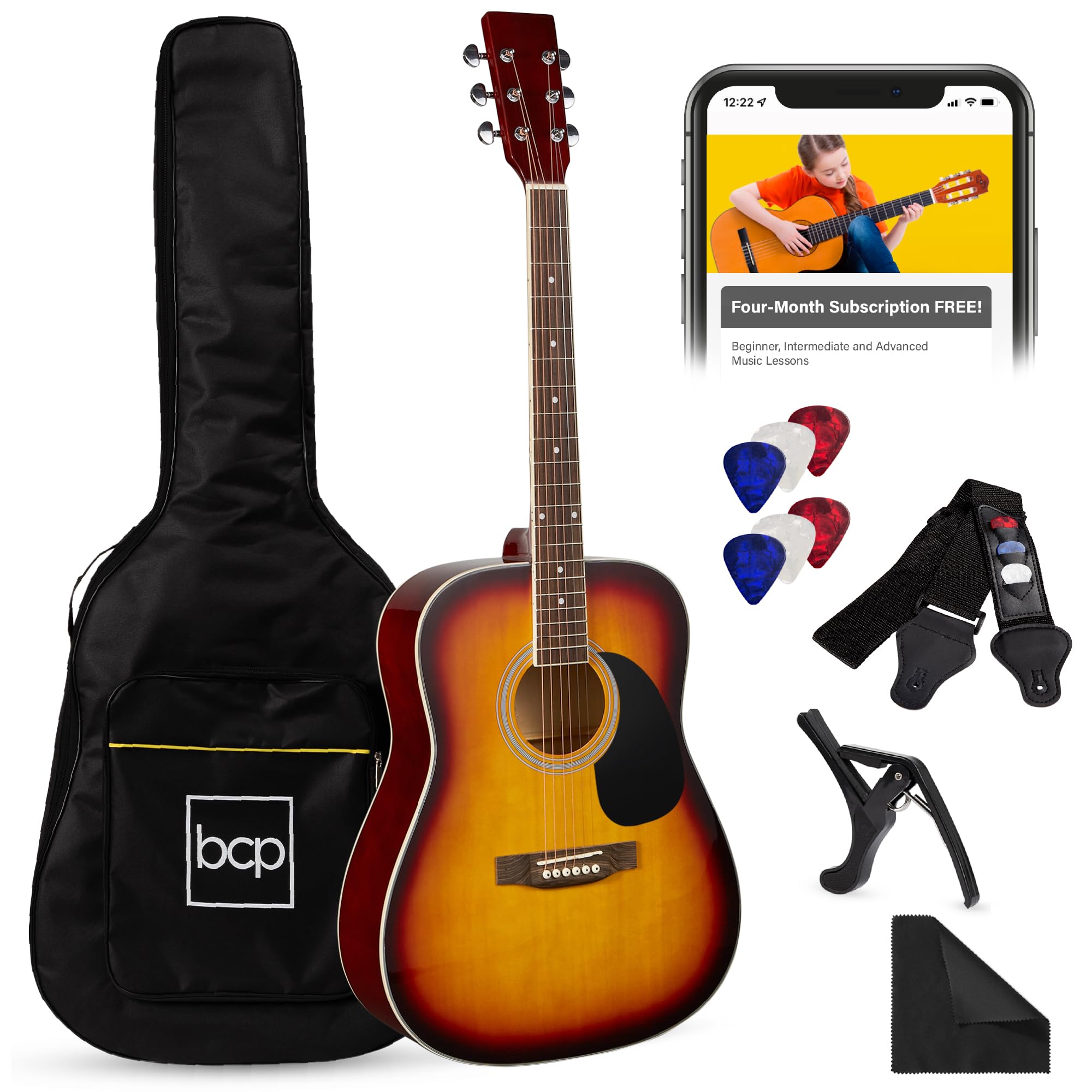 Best Choice Products 41In Full Size Beginner All Wood Acoustic Guitar Starter Set W/Gig Bag, Strap, Capo, Strings, Picks - Sunbu