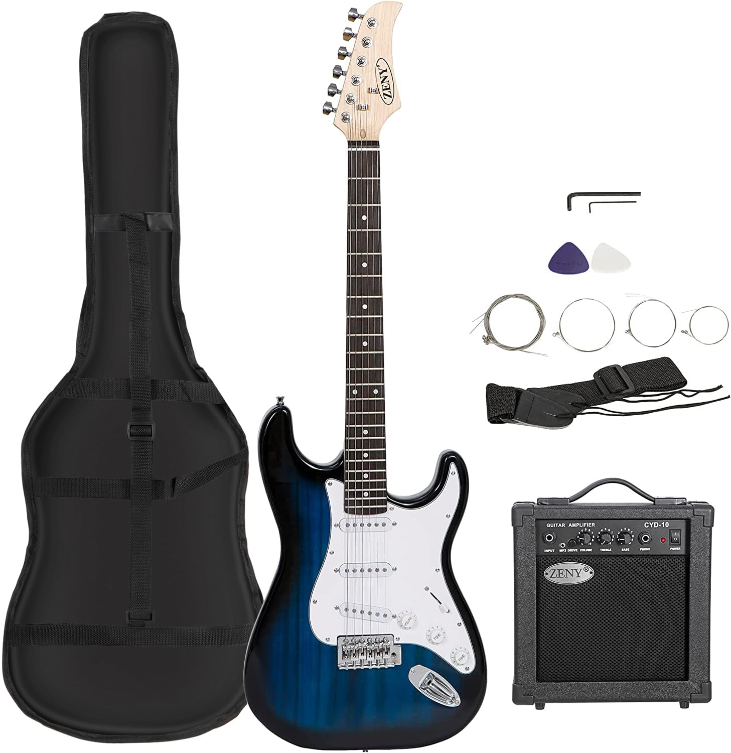 Zeny 39'' Full Size Electric Guitar With Amp, Case And Accessories Pack Beginner Starter Package, Blue Ideal Christmas Thanksgiv