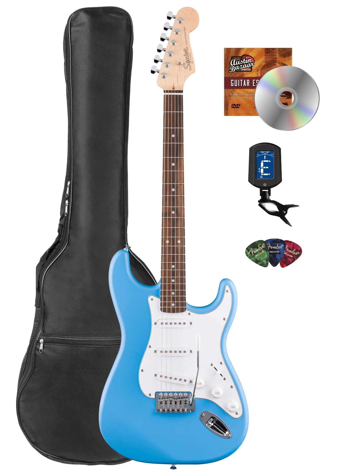 Fender Squier Stratocaster - California Blue Bundle With Gig Bag, Tuner, Picks, And Austin Bazaar Instructional Dvd
