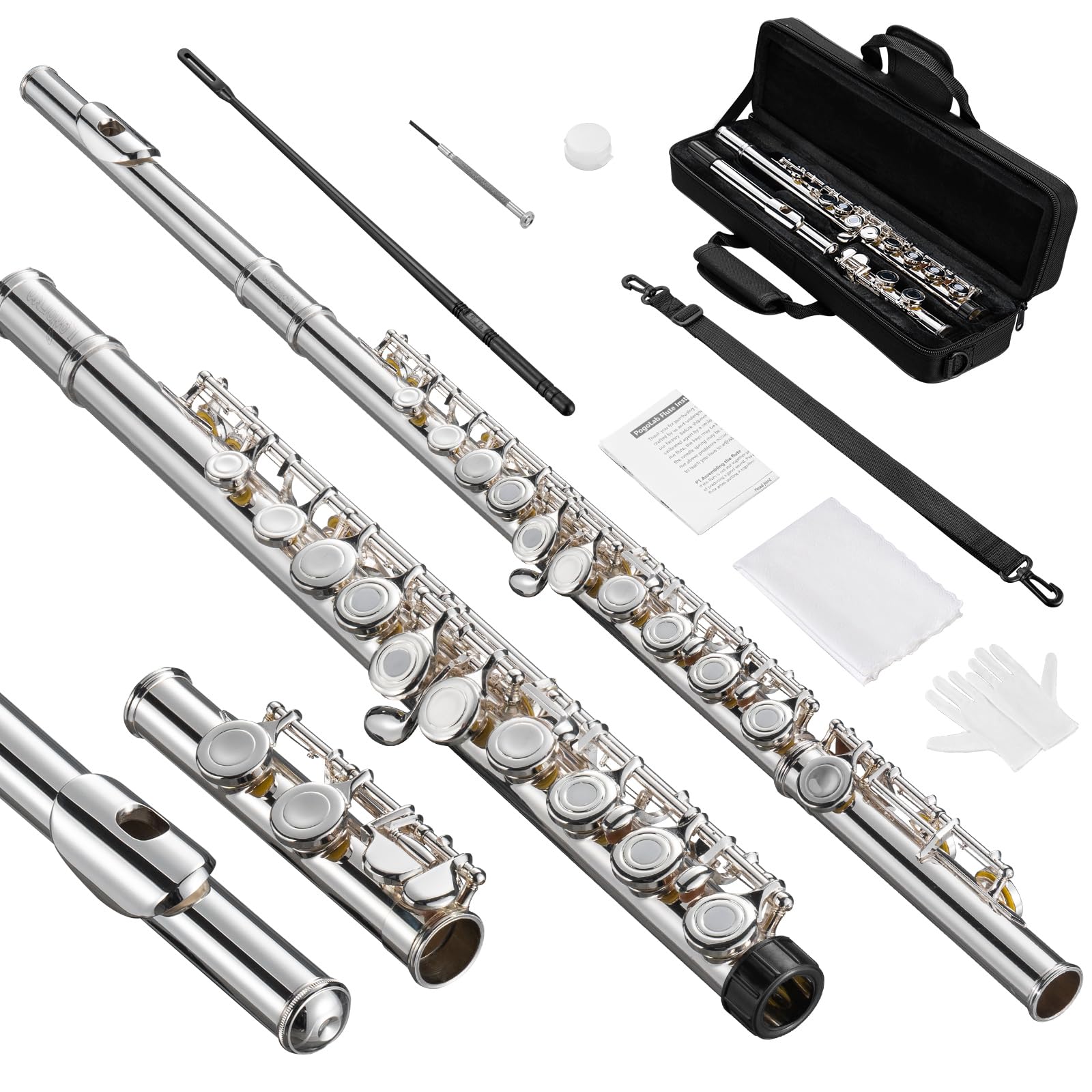 Pogolab Open Hole C Flute, 16 Keys Student Flute Instrument For Beginner Advanced Player, With Carry Bag, Strap, Gloves, Adjustm
