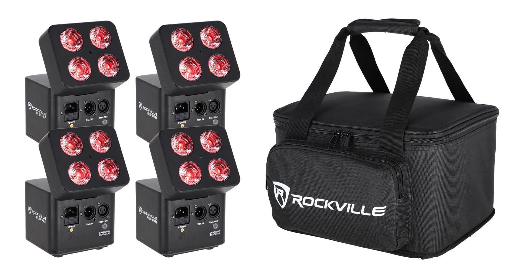 Rockville FLIP 4 Pack Black Battery Par Can Wash Light and Bag and Smart Charger with 4 Leads, Wireless DMX, 15 Hour Battery, 4 